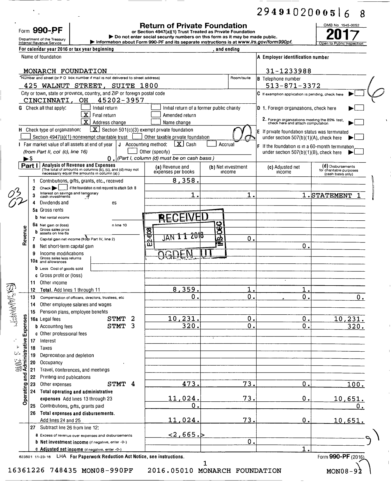 Image of first page of 2017 Form 990PF for Monarch Foundation