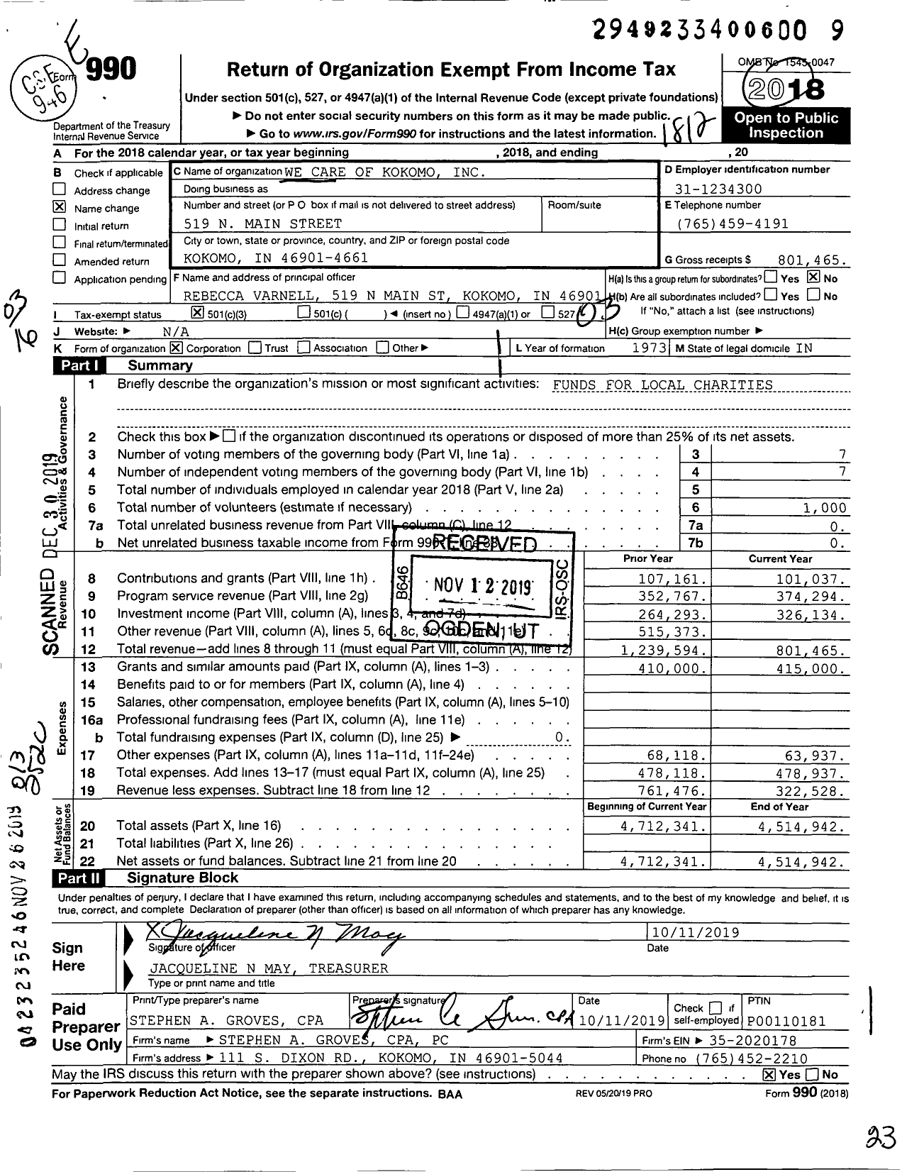 Image of first page of 2018 Form 990 for We Care of Kokomo