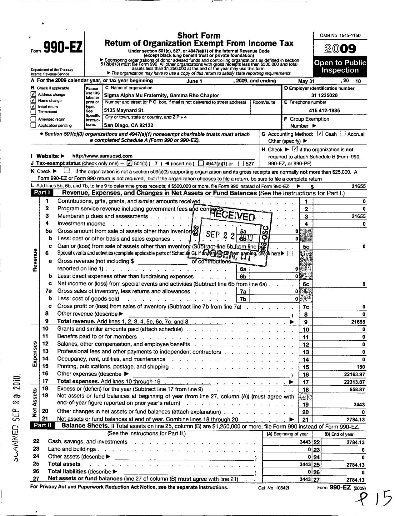 Image of first page of 2009 Form 990EO for Sigma Alpha Mu Fraternity / Gamma Rho Chapter