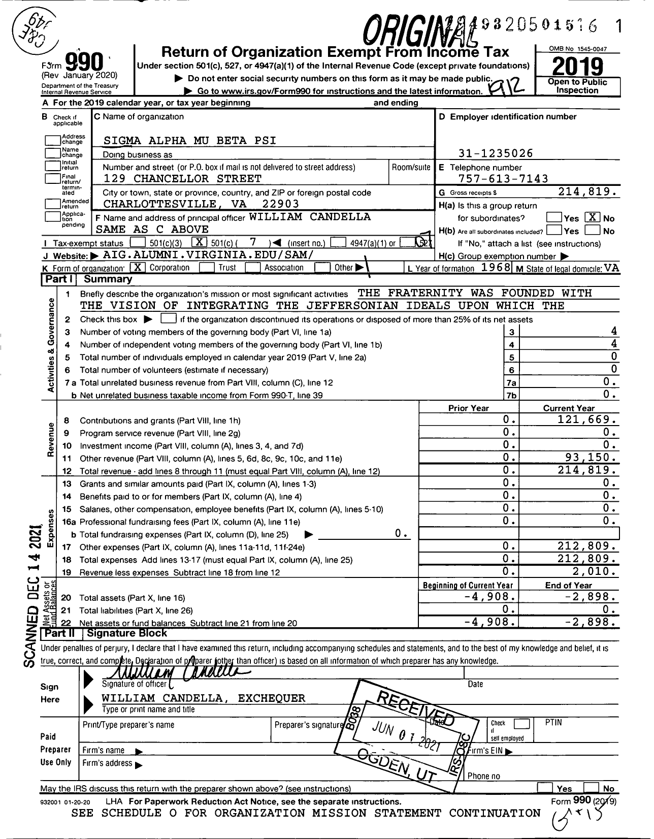Image of first page of 2019 Form 990O for Sigma Alpha Mu Fraternity / Beta Psi Chapter
