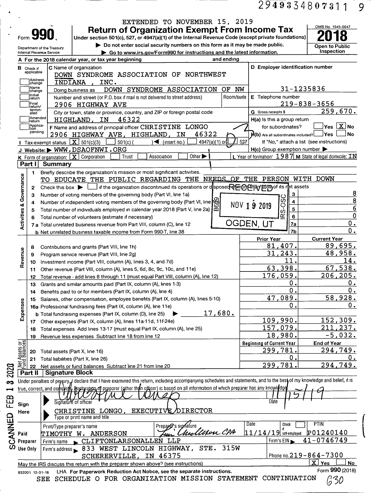 Image of first page of 2018 Form 990 for Down Syndrome Association of Northwest Indiana