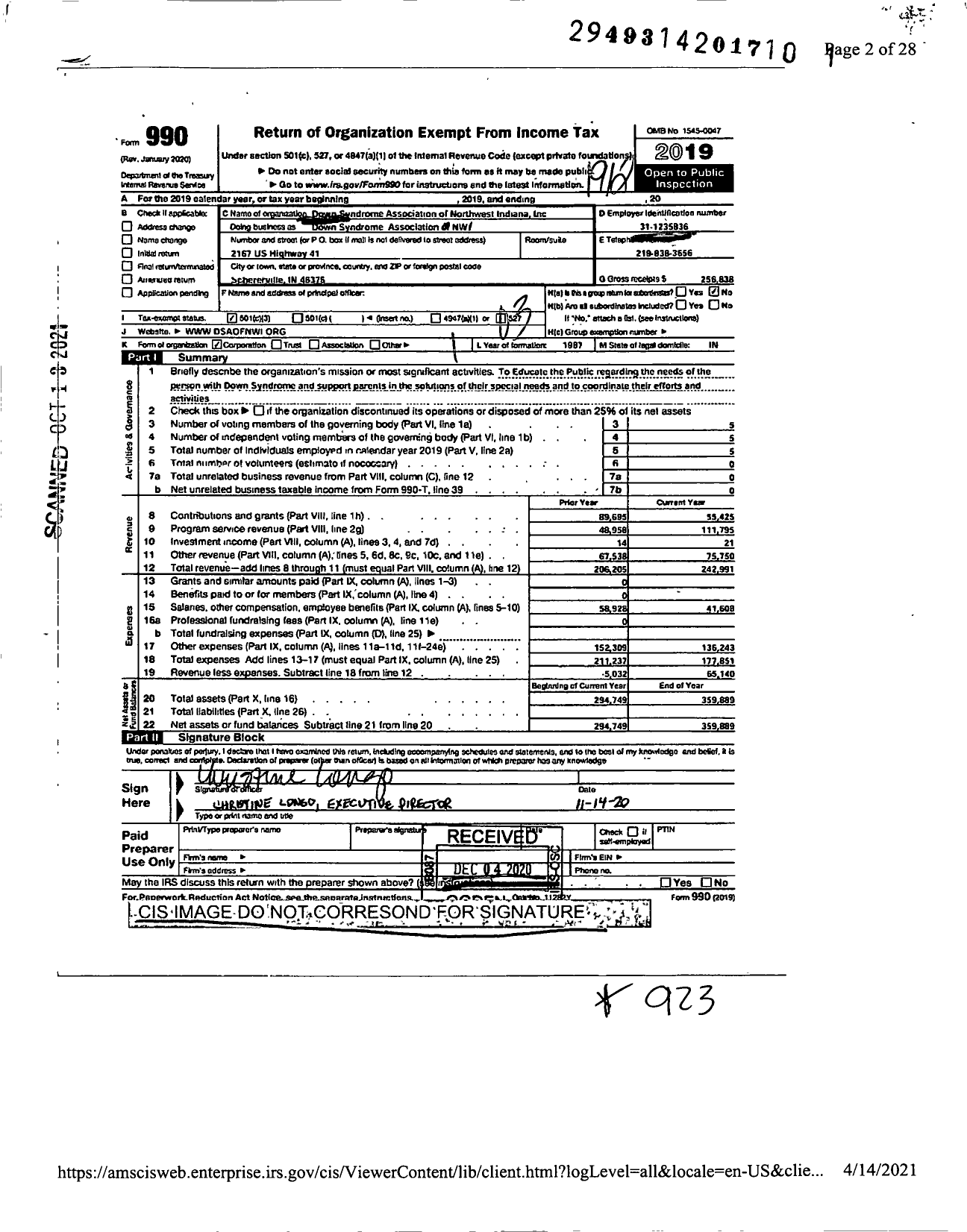 Image of first page of 2019 Form 990 for Down Syndrome Association of Northwest Indiana