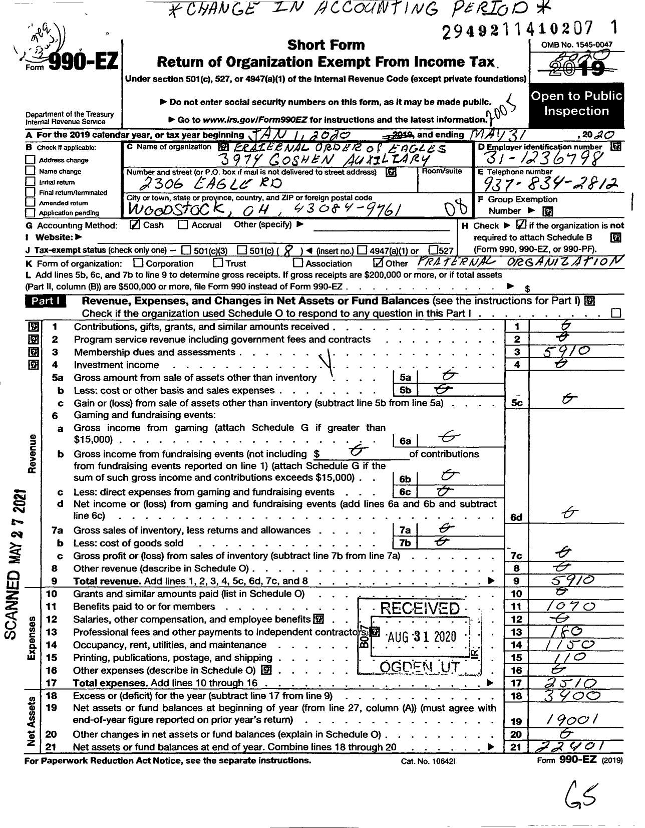 Image of first page of 2019 Form 990EO for Fraternal Order of Eagles - 3974 Goshen Auxiliary