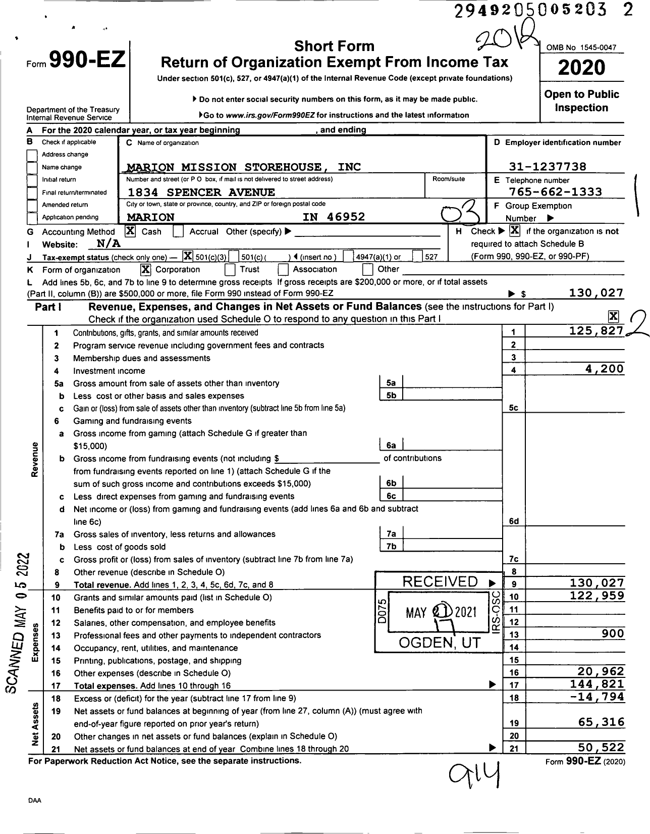 Image of first page of 2020 Form 990EZ for Marion Mission Storehouse