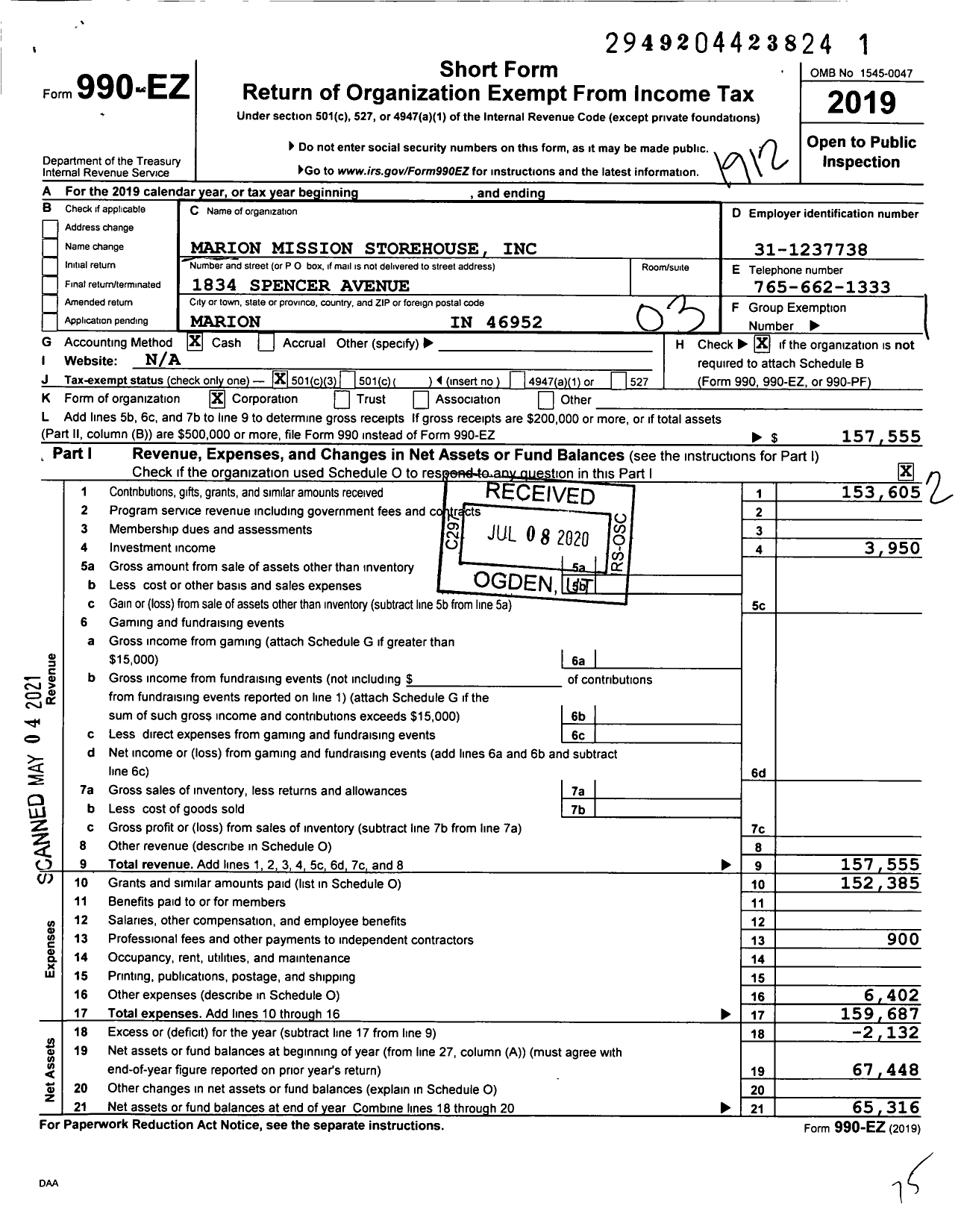 Image of first page of 2019 Form 990EZ for Marion Mission Storehouse