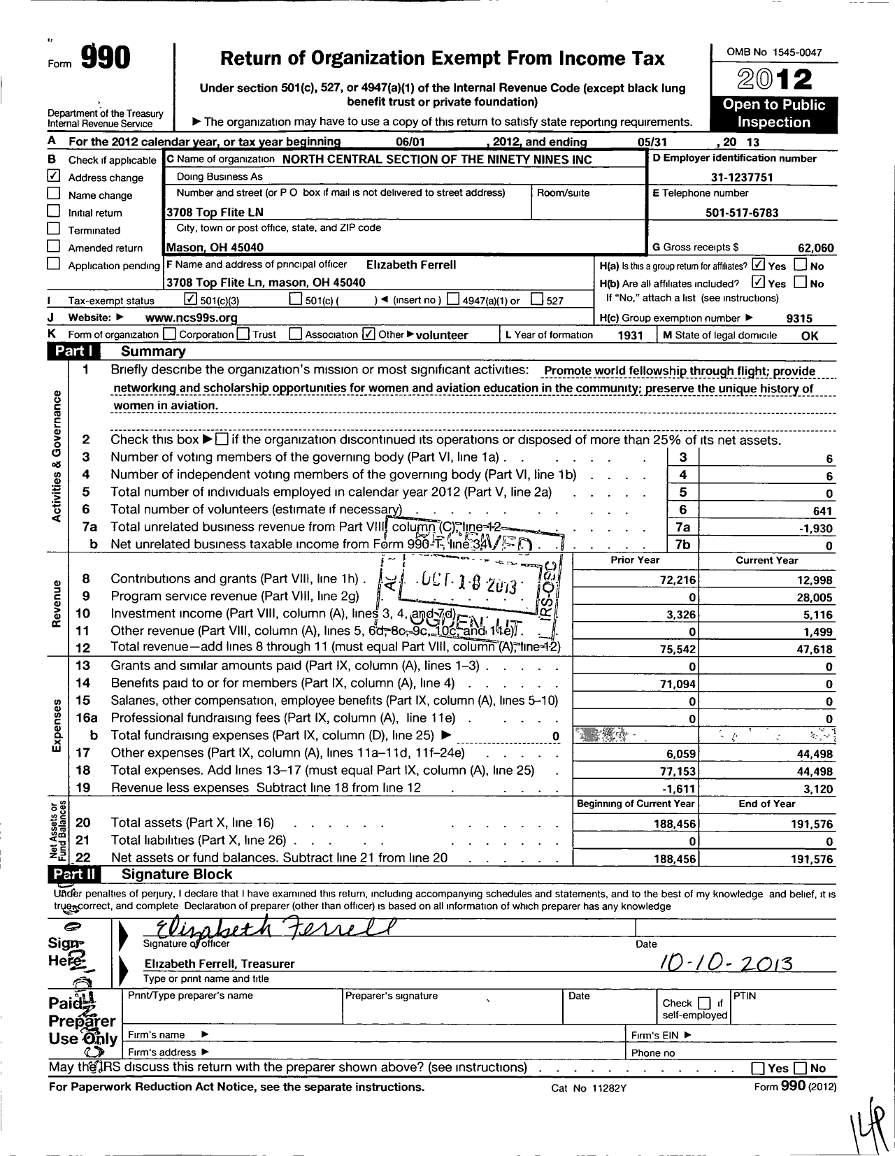 Image of first page of 2012 Form 990 for North Central Section of the Ninety Nines / Group Return 1031-1237751-9705-20-0