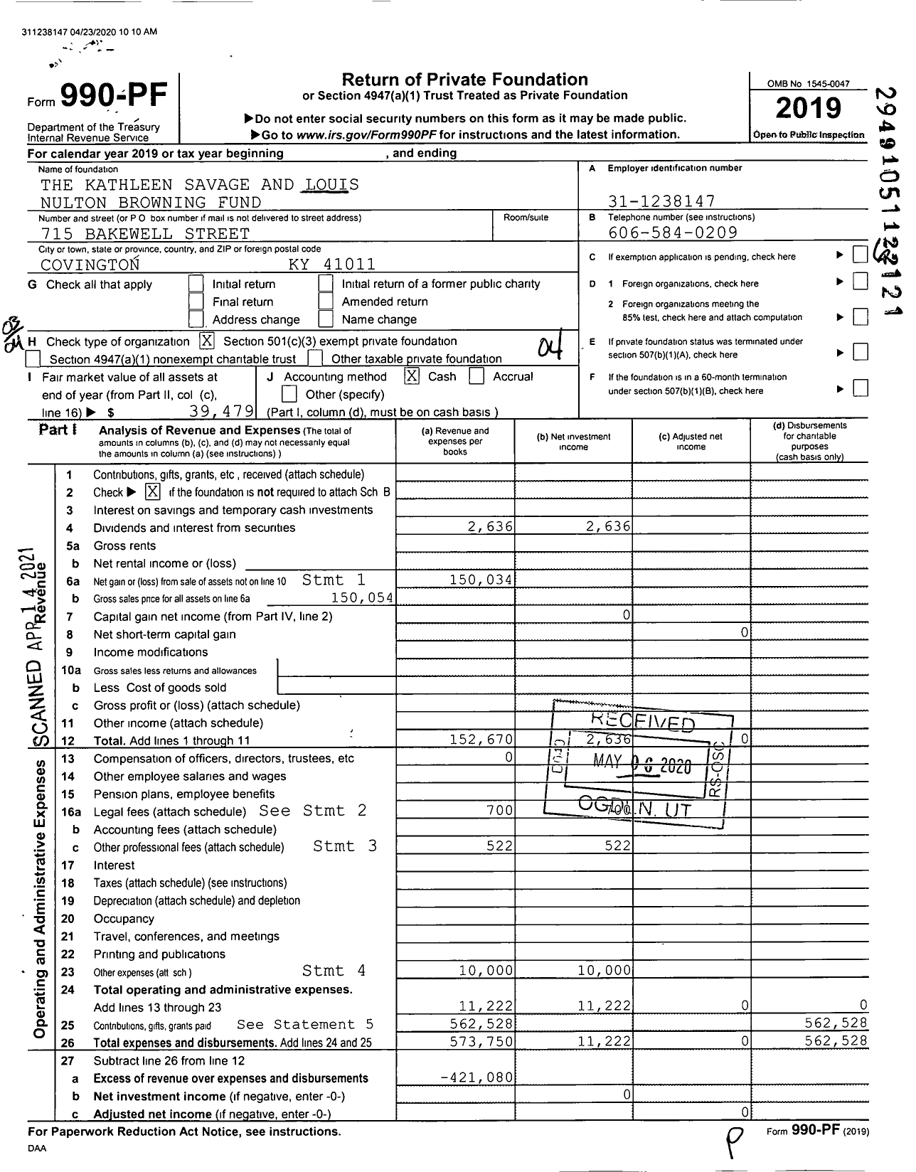 Image of first page of 2019 Form 990PF for The Kathleen Savage and Louis Nulton Browning Fund