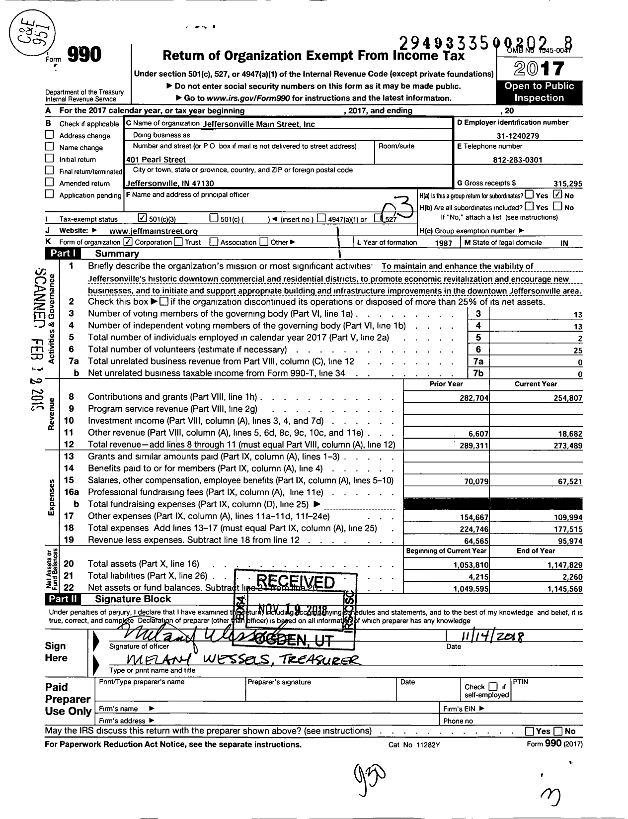 Image of first page of 2017 Form 990 for Jeffersonville Main Street