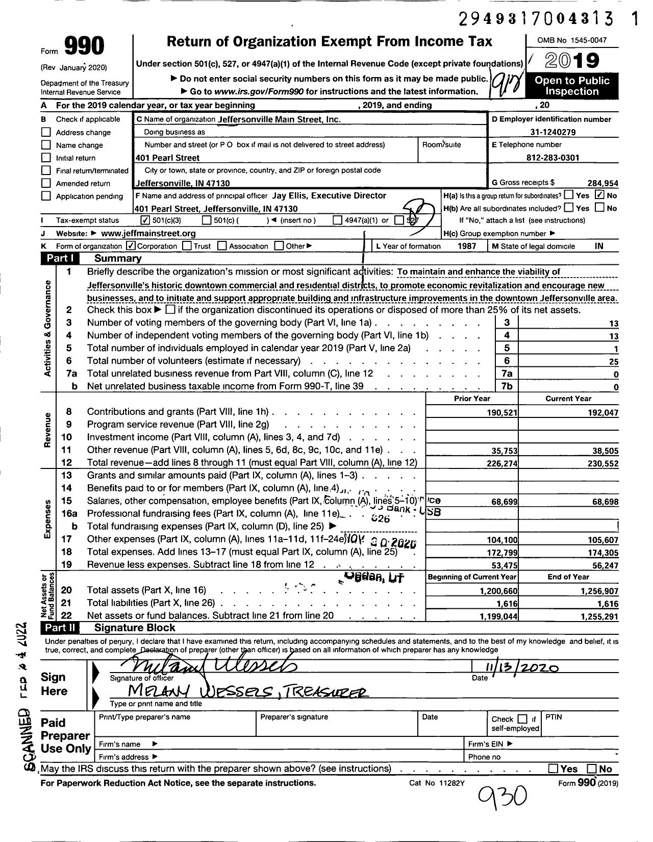 Image of first page of 2019 Form 990 for Jeffersonville Main Street