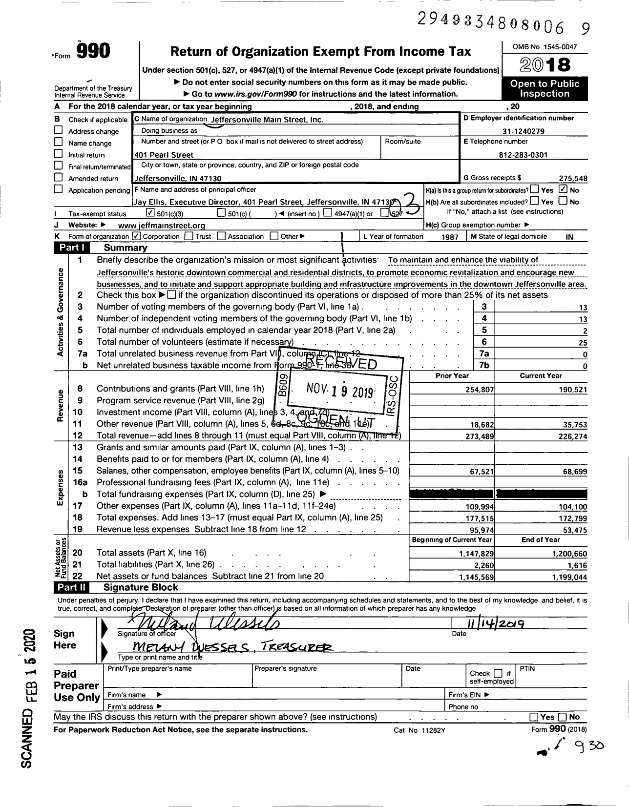 Image of first page of 2018 Form 990 for Jeffersonville Main Street