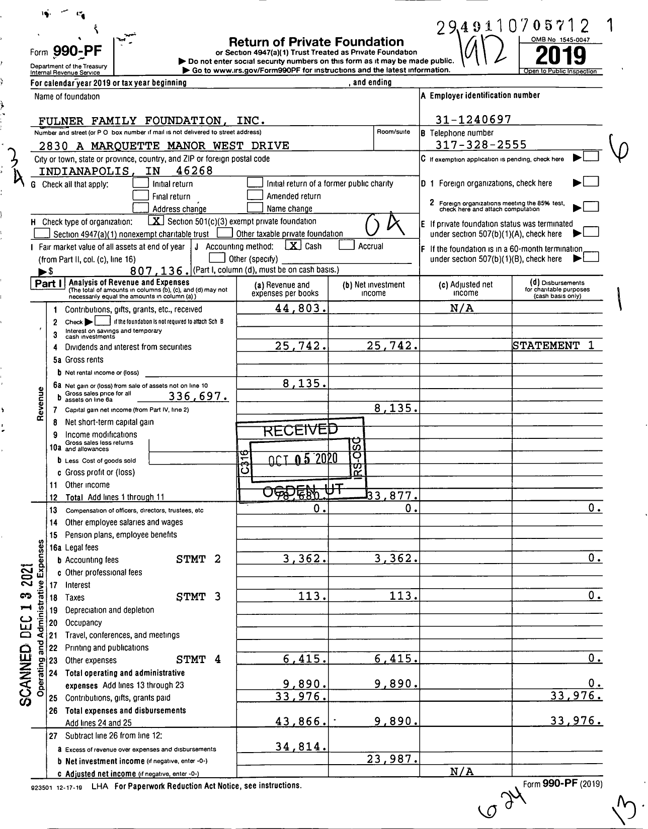 Image of first page of 2019 Form 990PF for Fulner Family Foundation