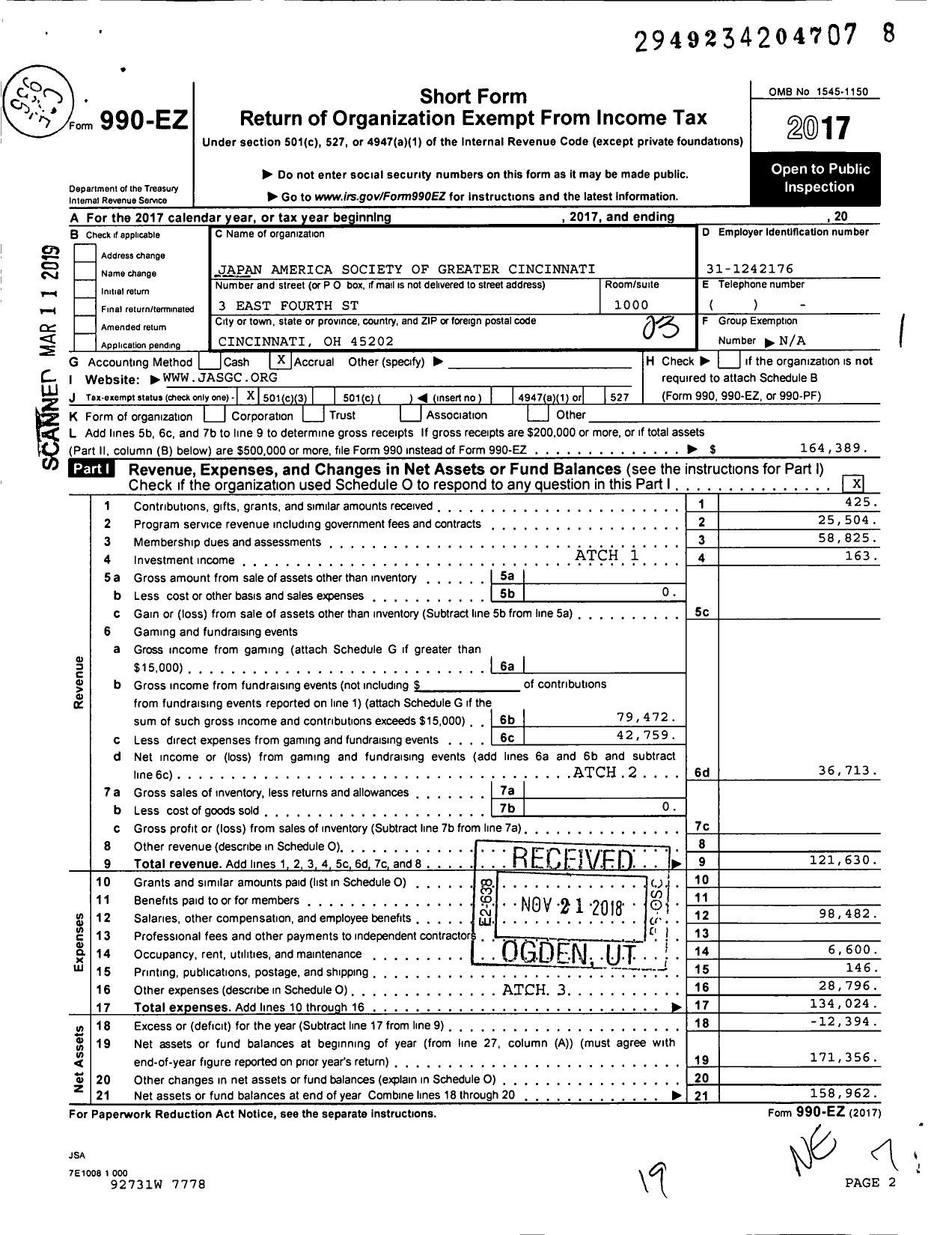 Image of first page of 2017 Form 990EZ for Japan America Society of Greater Cincinnati