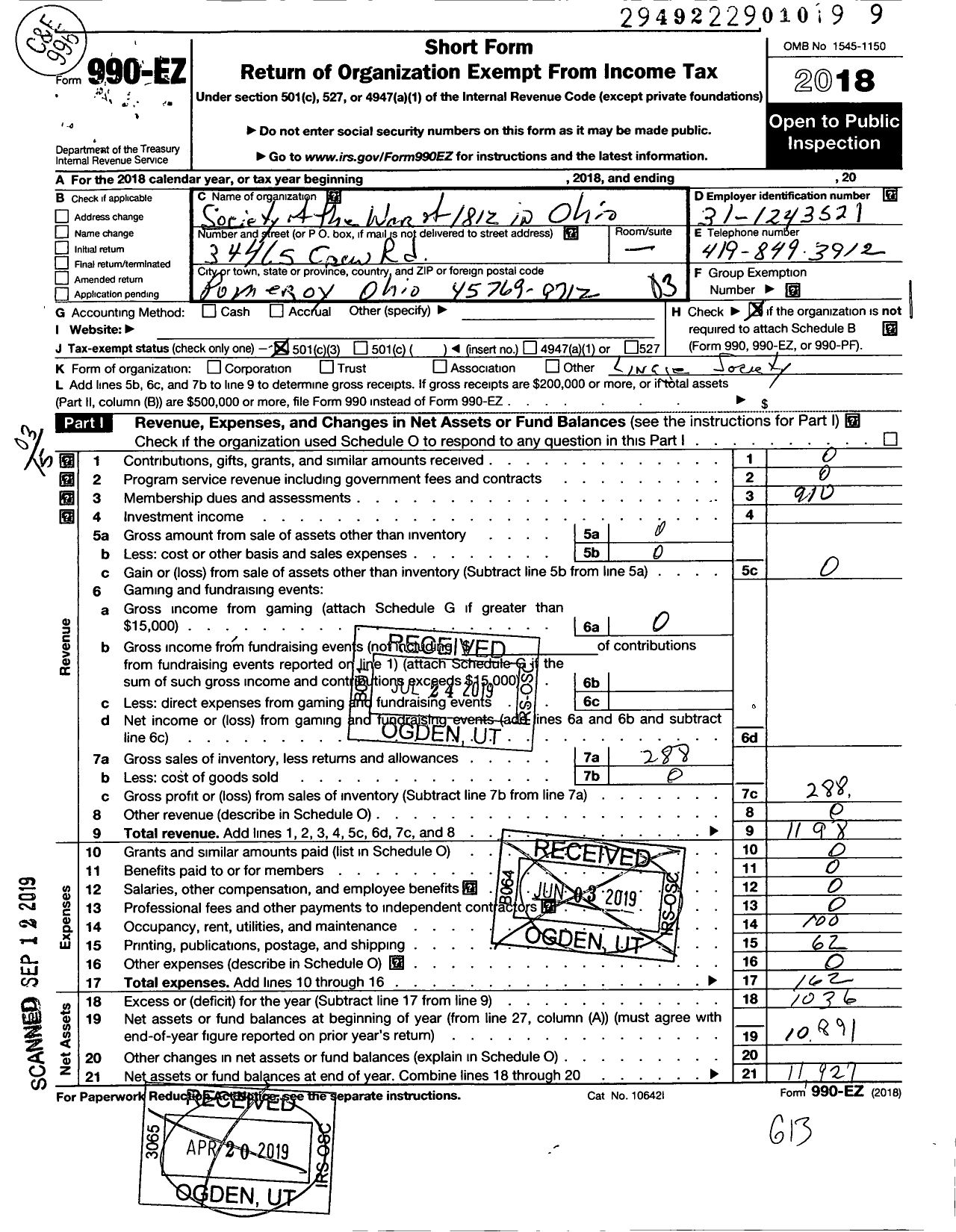 Image of first page of 2018 Form 990EZ for Society of the War of 1812 in the State of Ohio