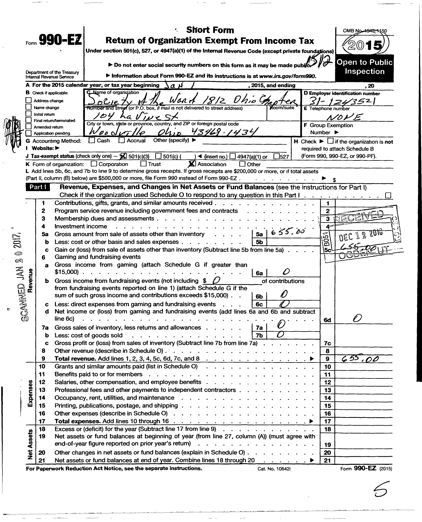 Image of first page of 2015 Form 990EZ for Society of the War of 1812 in the State of Ohio