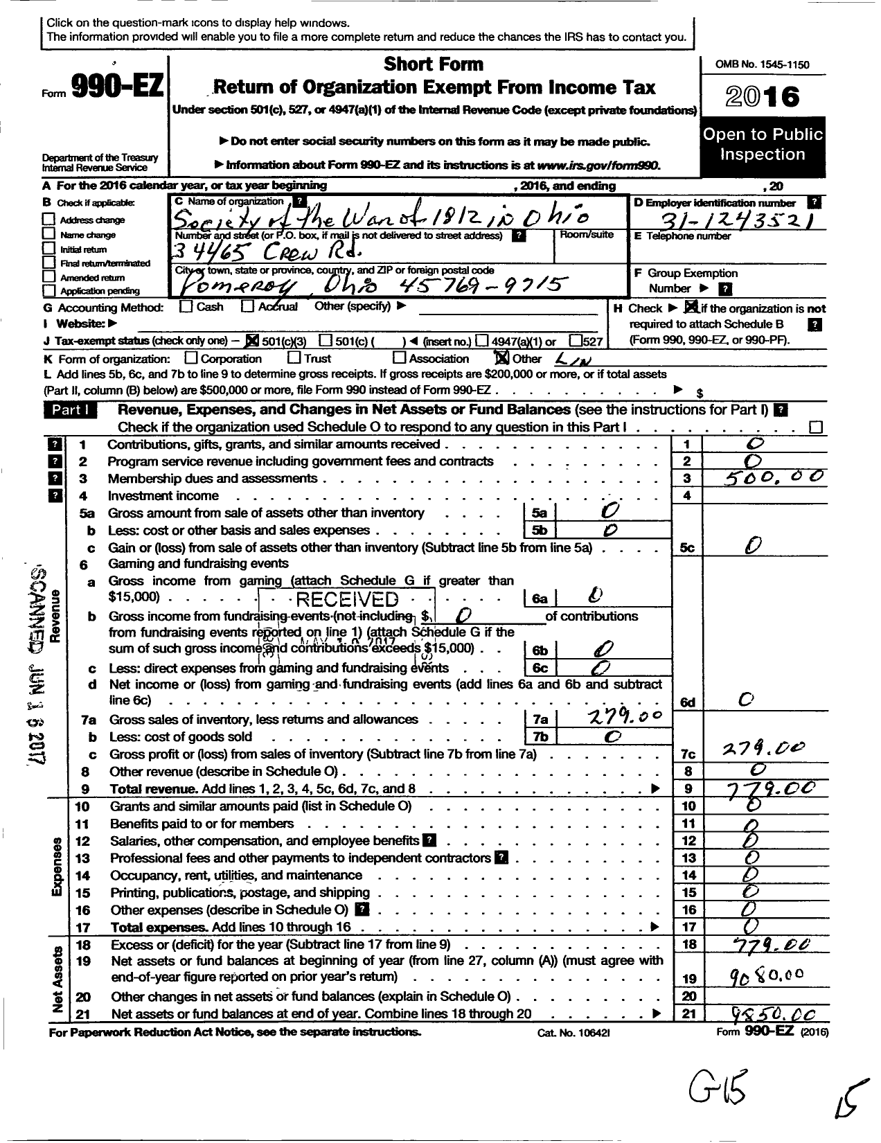 Image of first page of 2016 Form 990EZ for Society of the War of 1812 in the State of Ohio