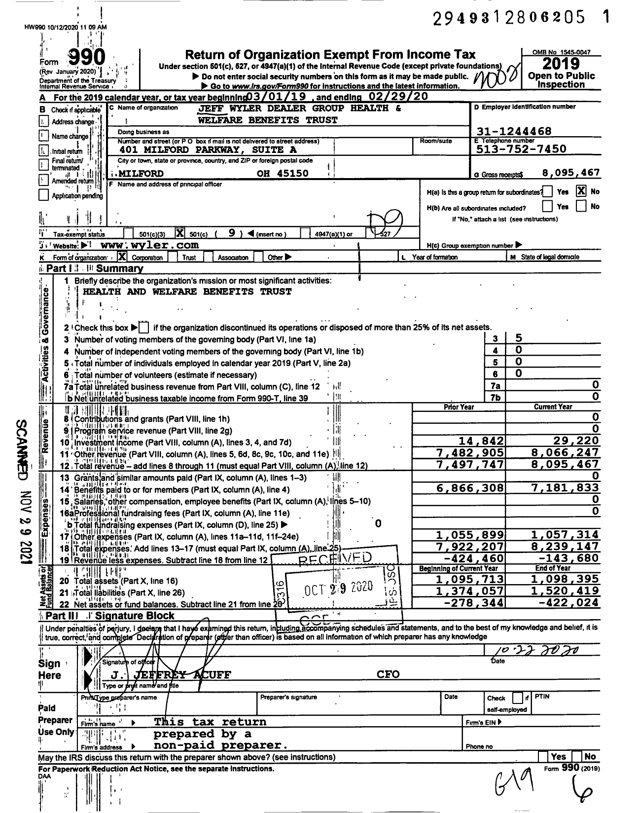 Image of first page of 2019 Form 990O for Jeff Wyler Dealer Group Health and Welfare Benefits Trust