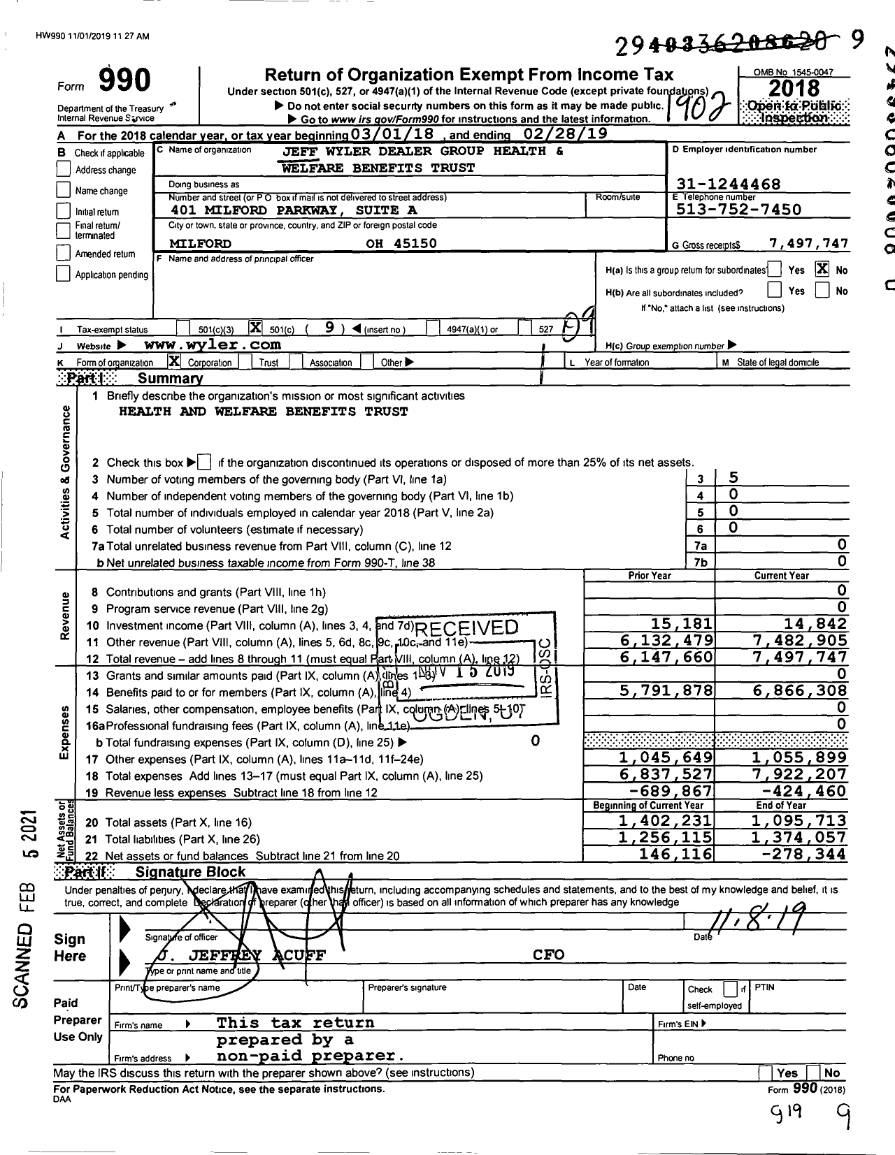 Image of first page of 2018 Form 990O for Jeff Wyler Dealer Group Health and Welfare Benefits Trust