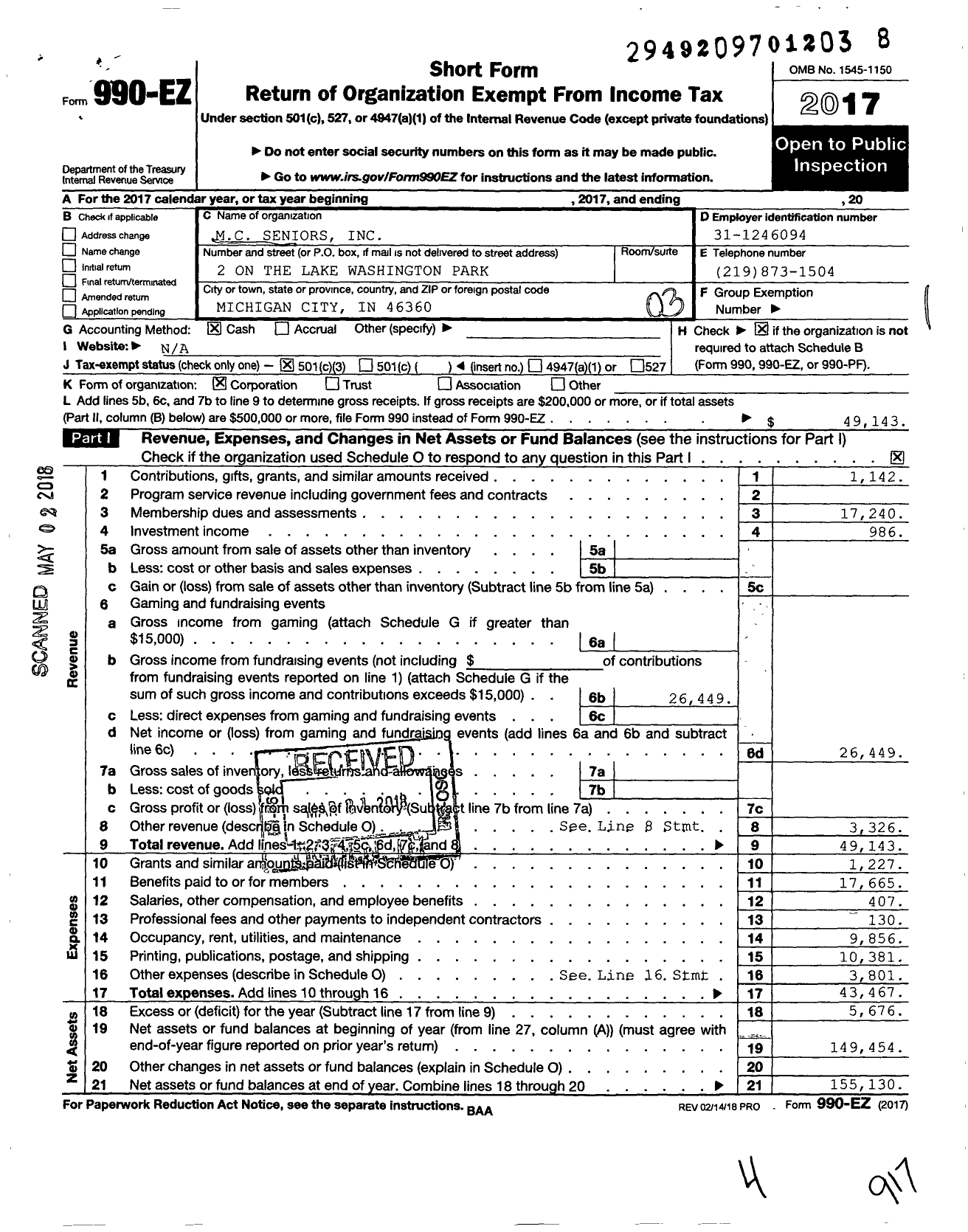 Image of first page of 2017 Form 990EZ for MC Seniors