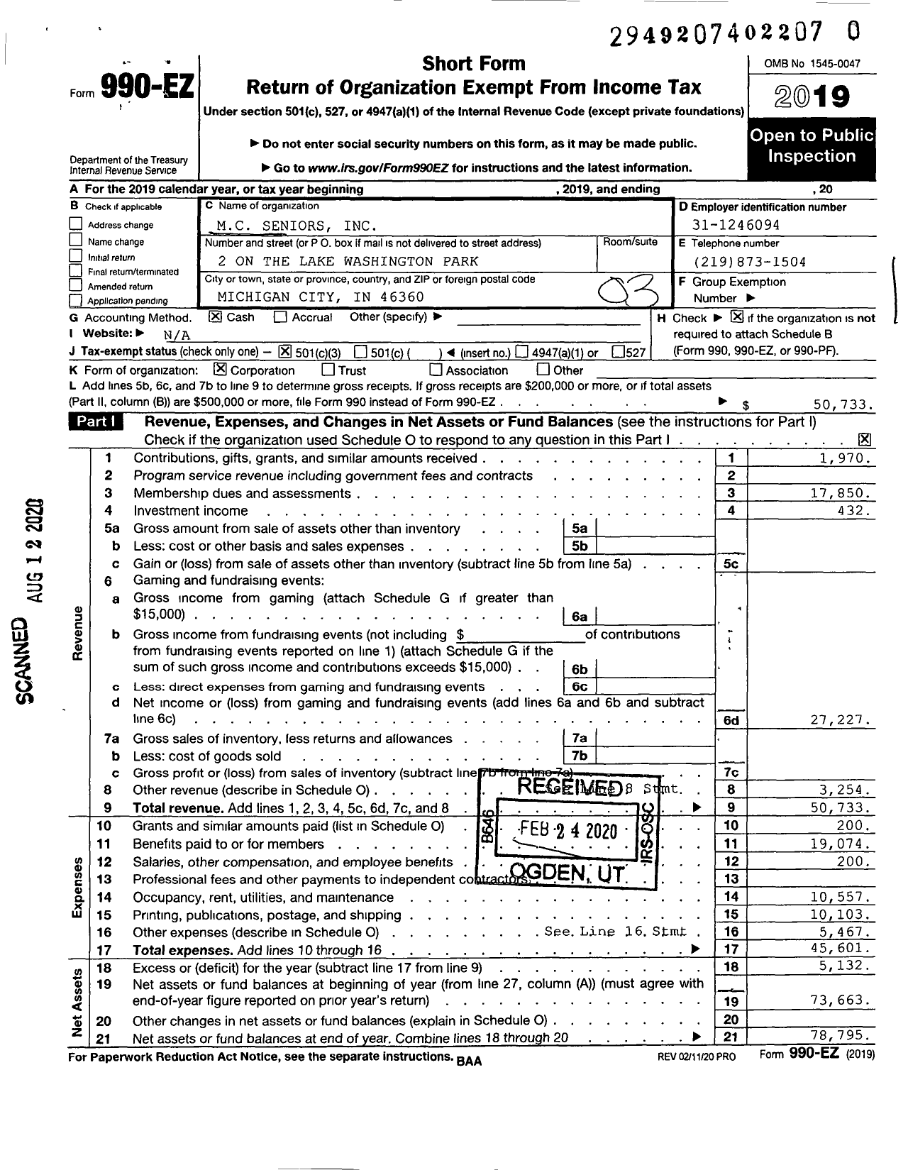 Image of first page of 2019 Form 990EZ for MC Seniors