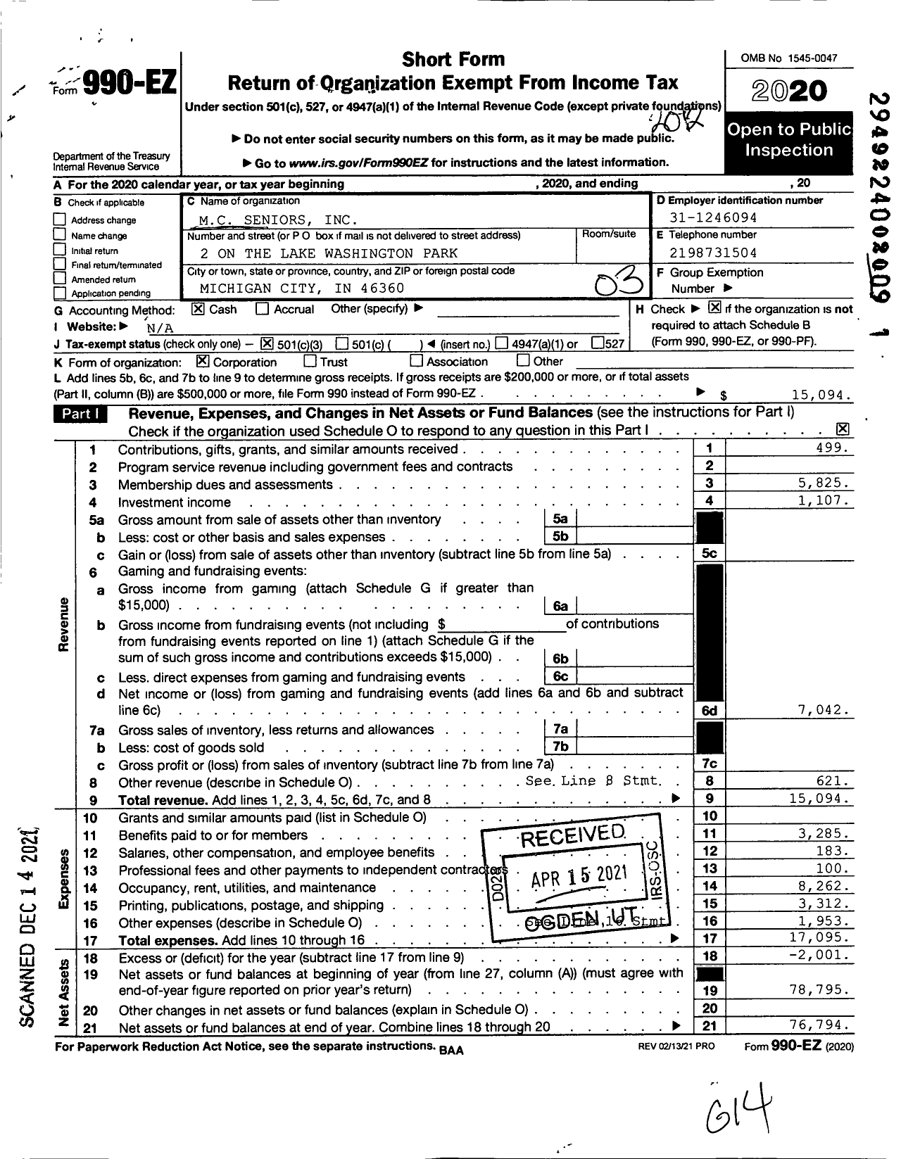 Image of first page of 2020 Form 990EZ for MC Seniors