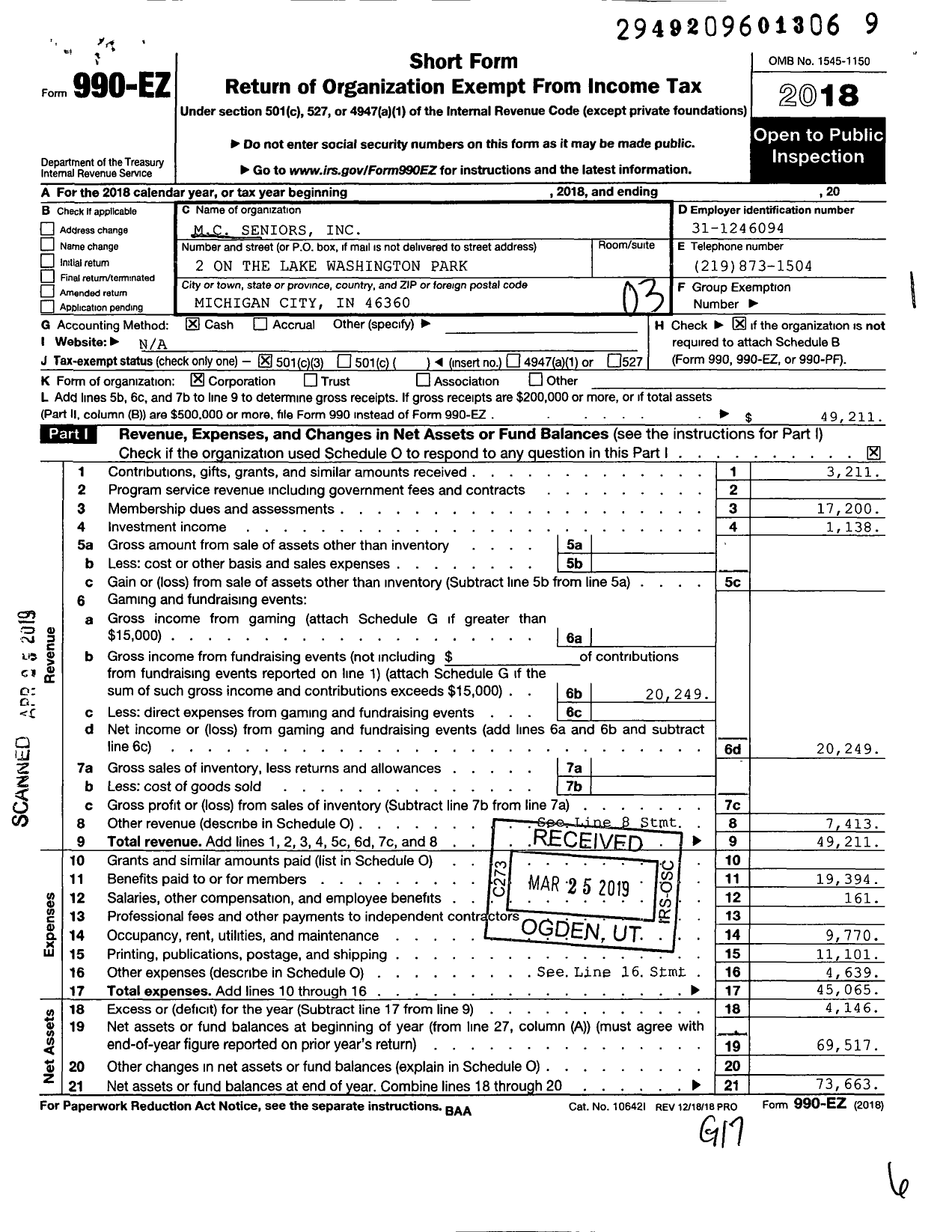 Image of first page of 2018 Form 990EZ for MC Seniors