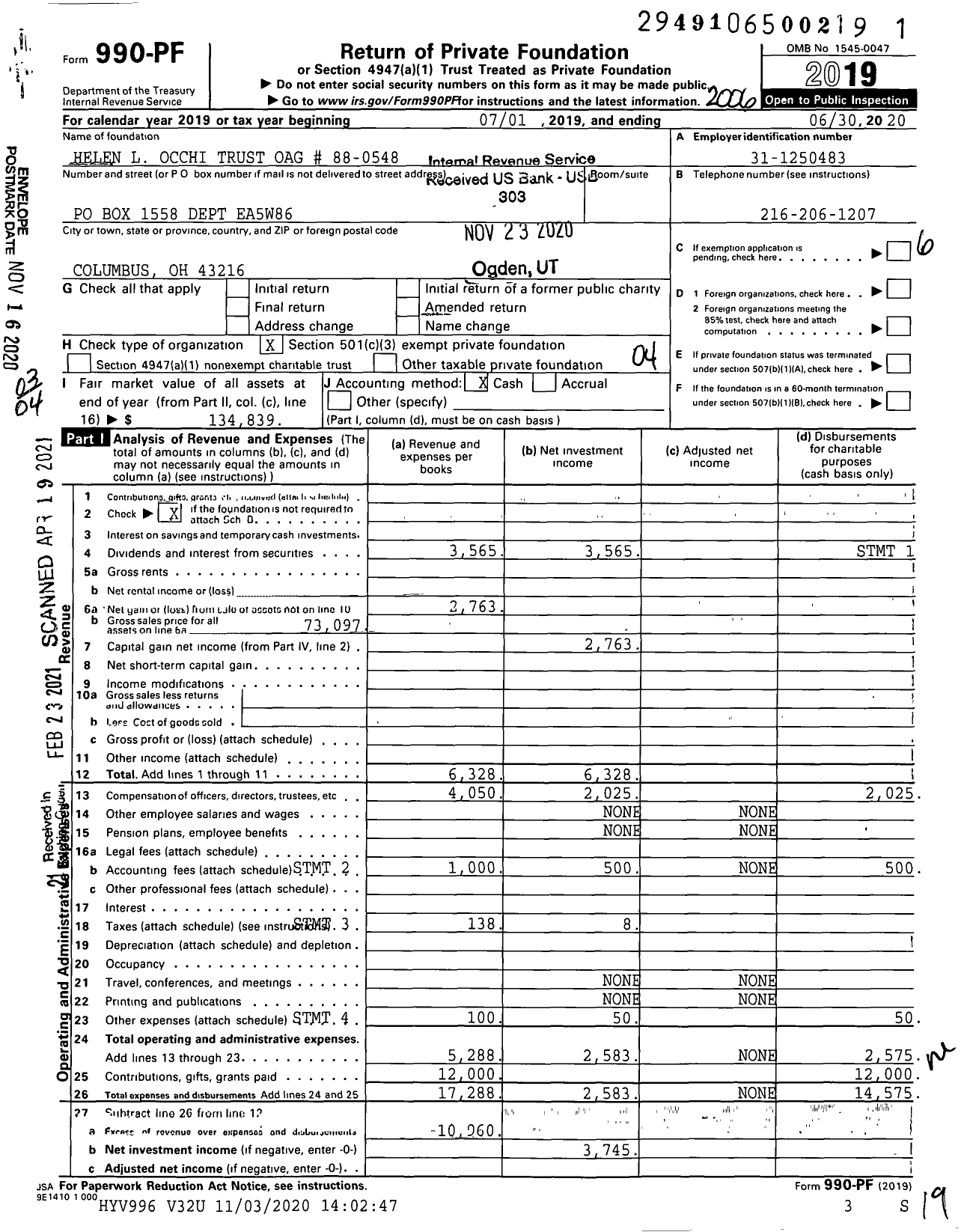 Image of first page of 2019 Form 990PF for Helen L Occhi Trust Oag # 88-0548