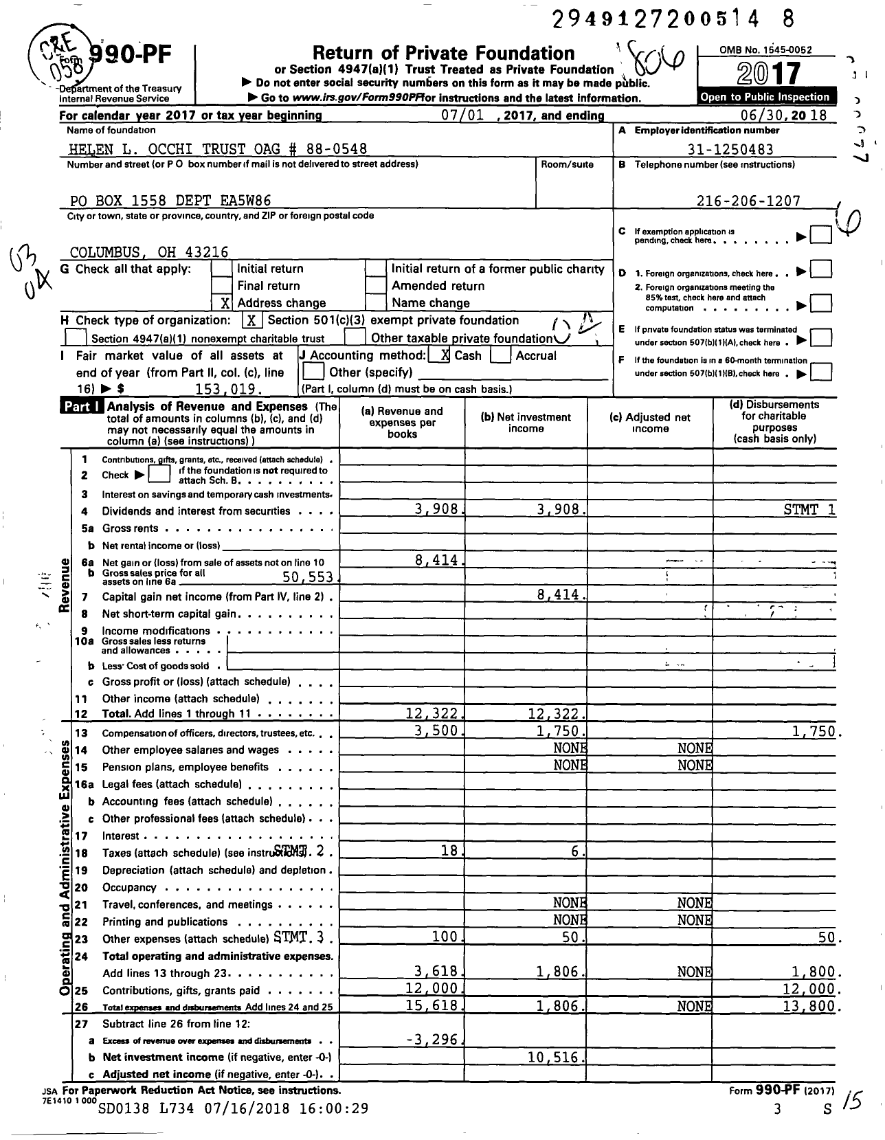 Image of first page of 2017 Form 990PF for Helen L Occhi Trust Oag # 88-0548