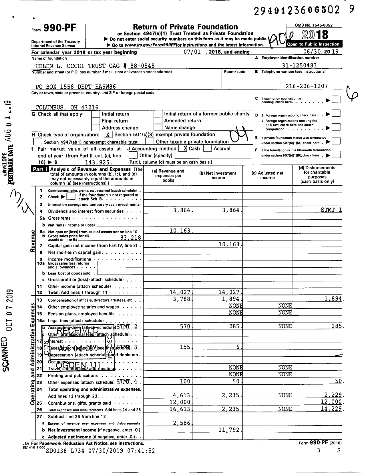 Image of first page of 2018 Form 990PF for Helen L Occhi Trust Oag # 88-0548