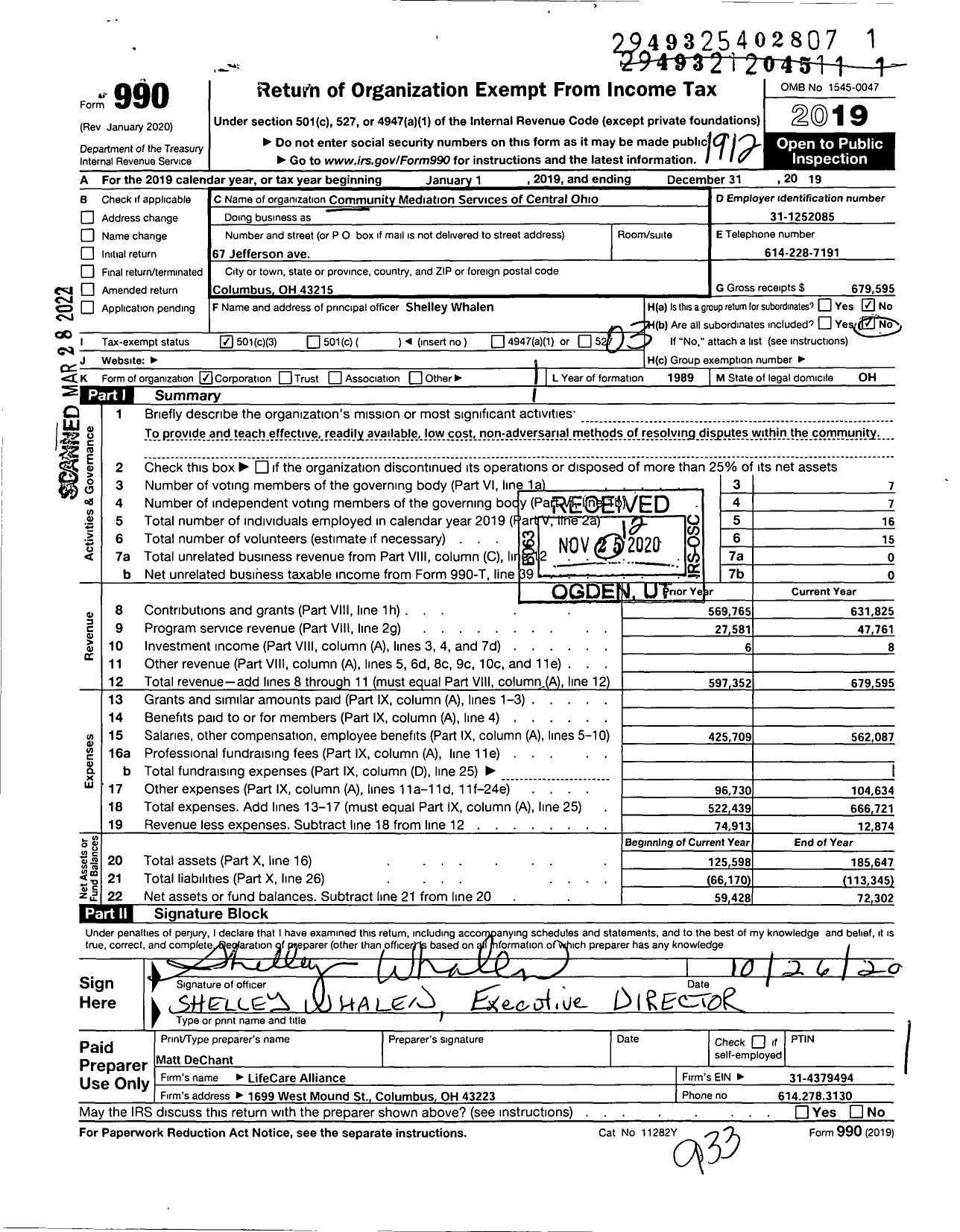 Image of first page of 2019 Form 990 for Community Mediation Services of Central Ohio