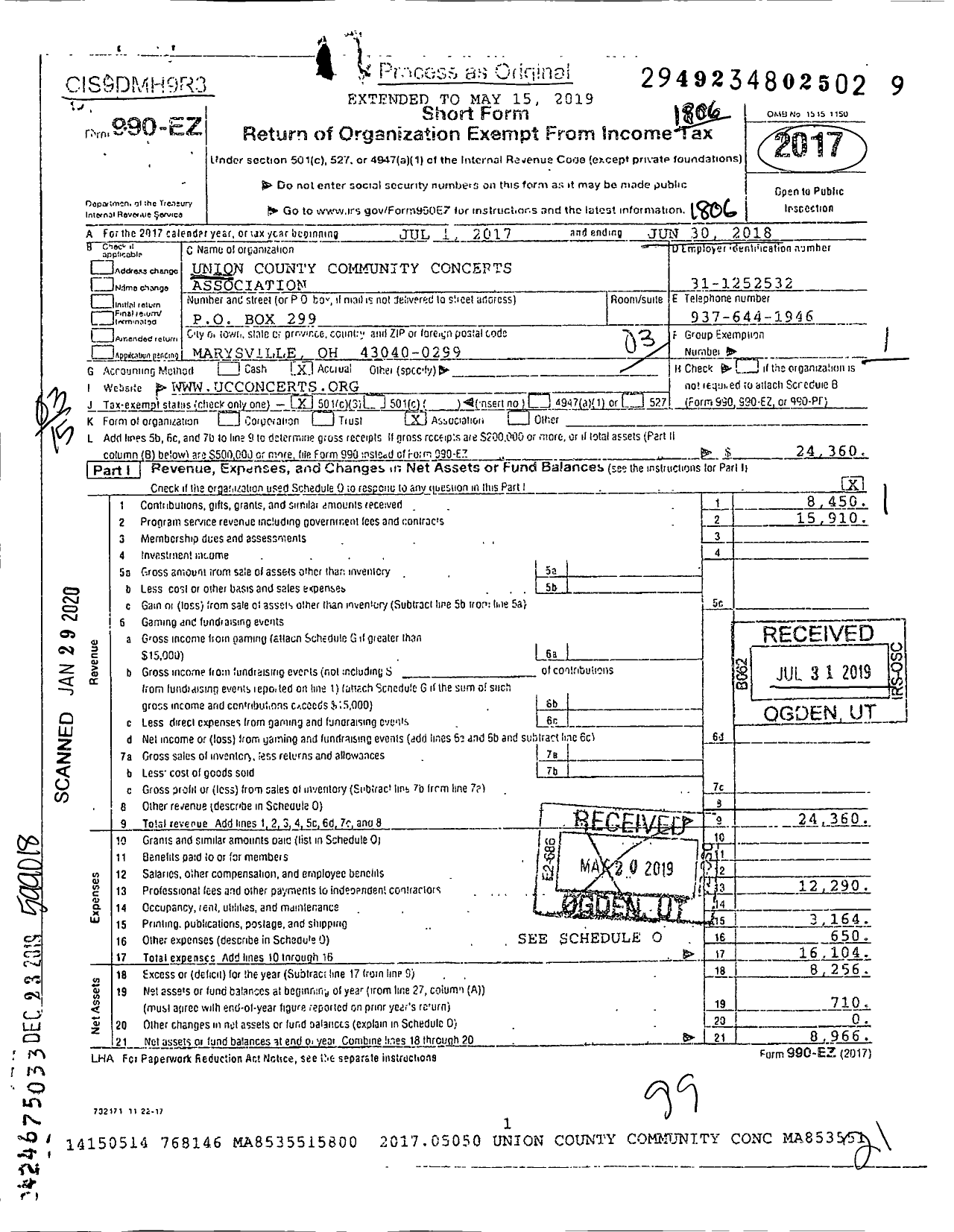 Image of first page of 2017 Form 990EZ for Union County Community Concerts Association