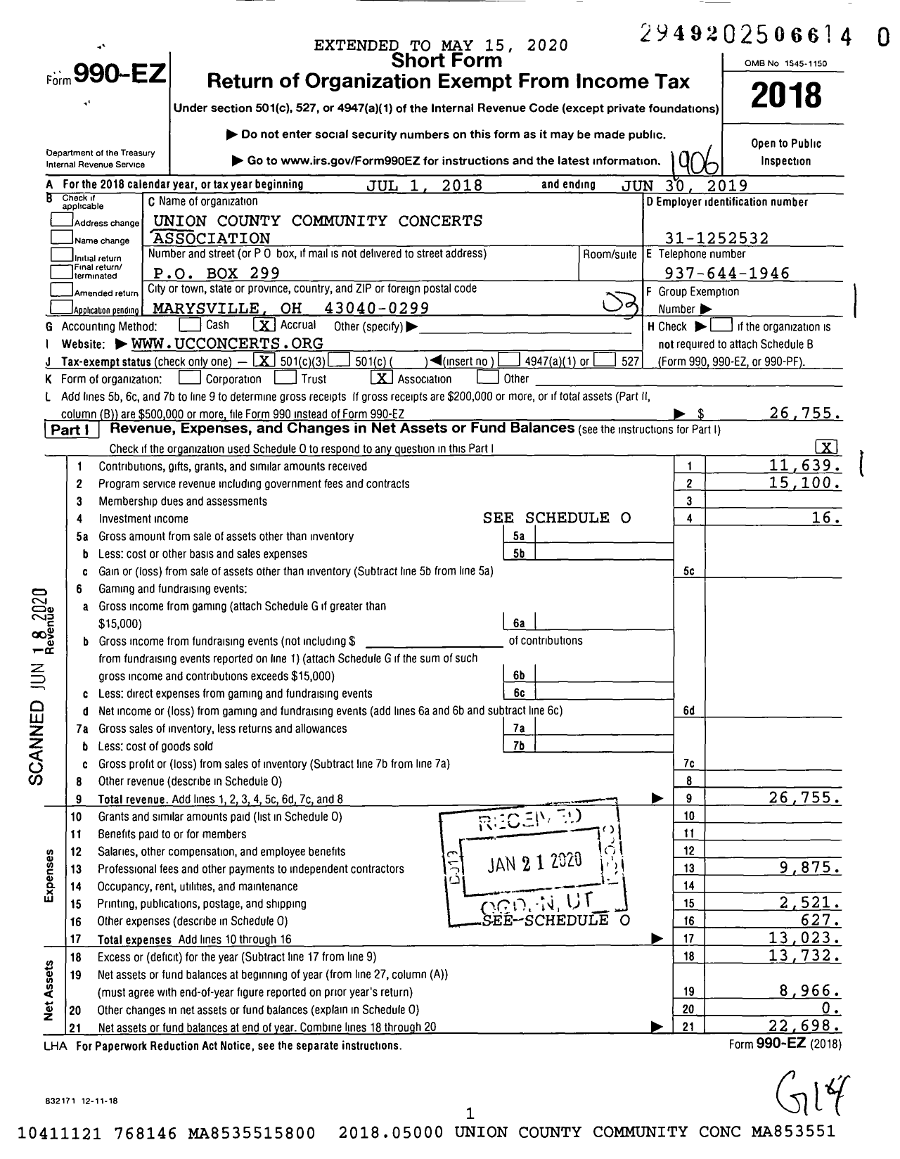 Image of first page of 2018 Form 990EZ for Union County Community Concerts Association