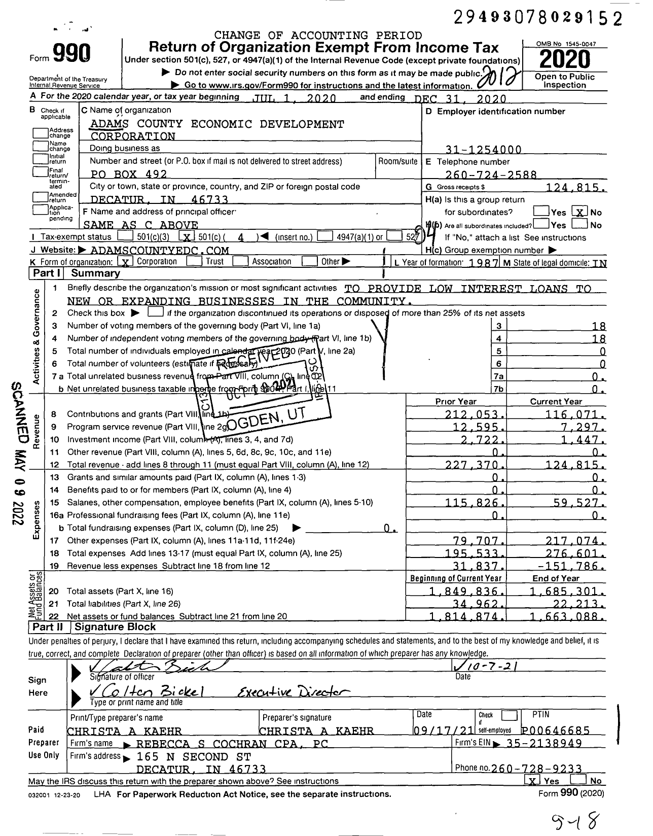 Image of first page of 2020 Form 990O for Adams County Economic Development Corporation