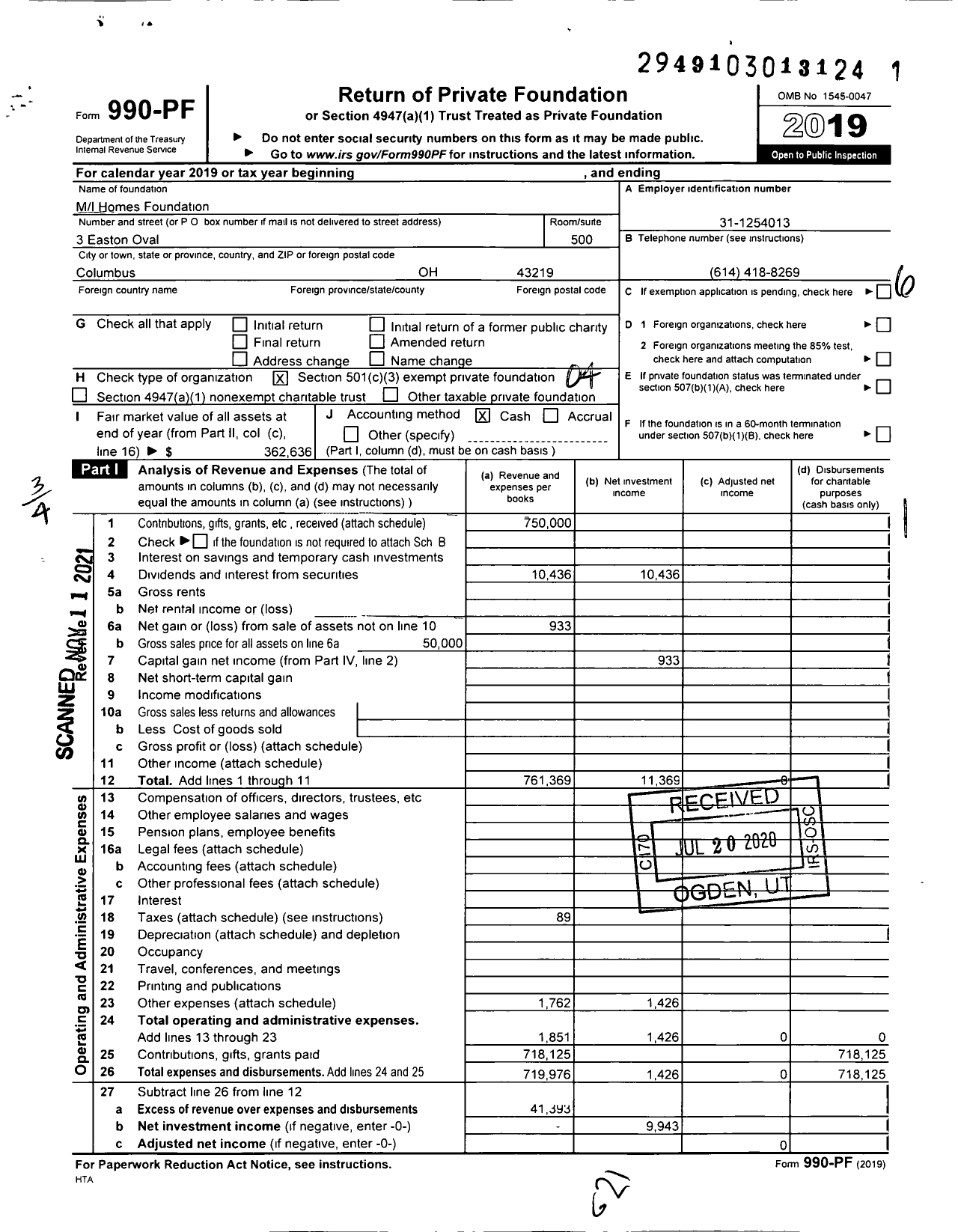 Image of first page of 2019 Form 990PF for M I Homes Foundation