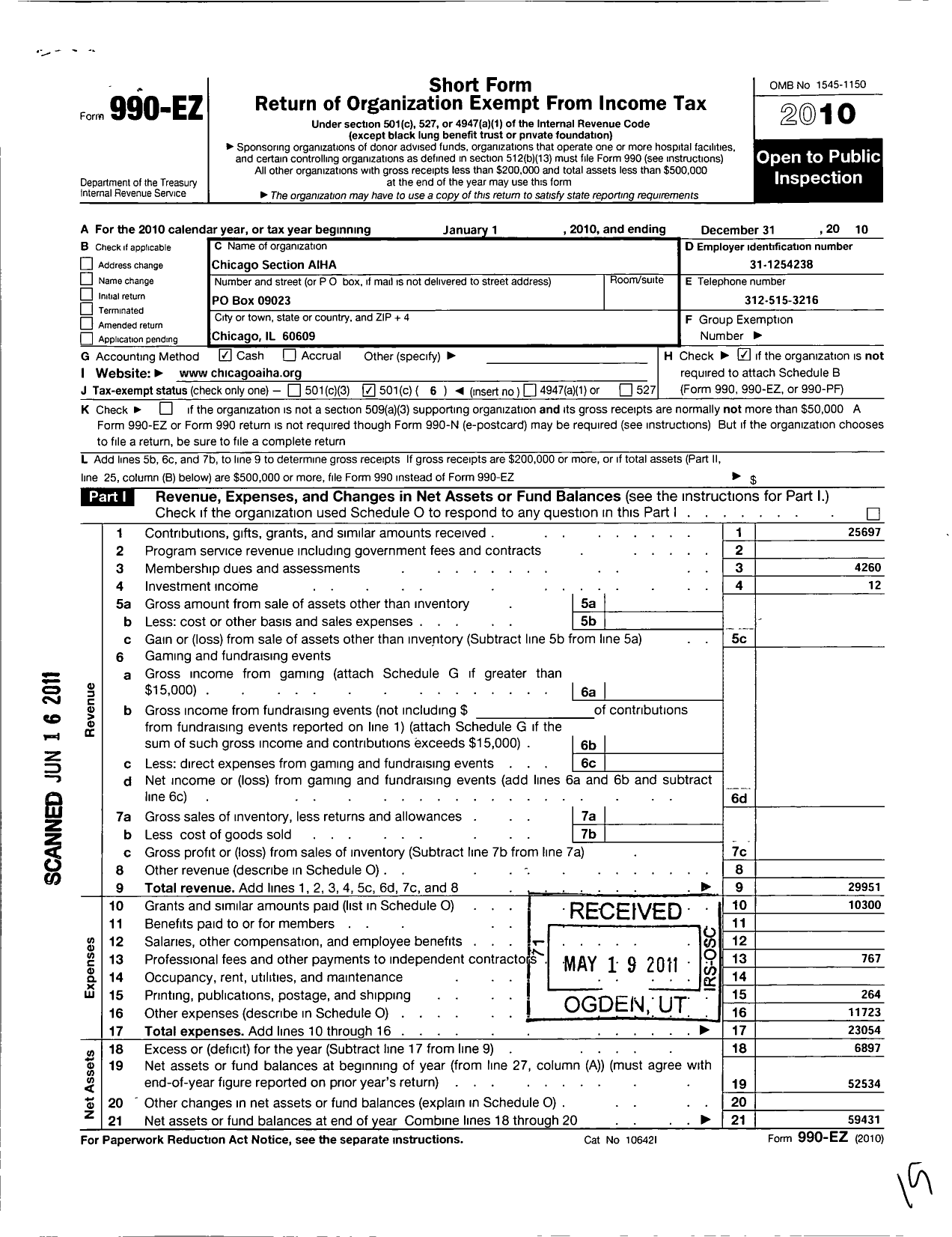 Image of first page of 2010 Form 990EO for American Industrial Hygiene Association / Chicago