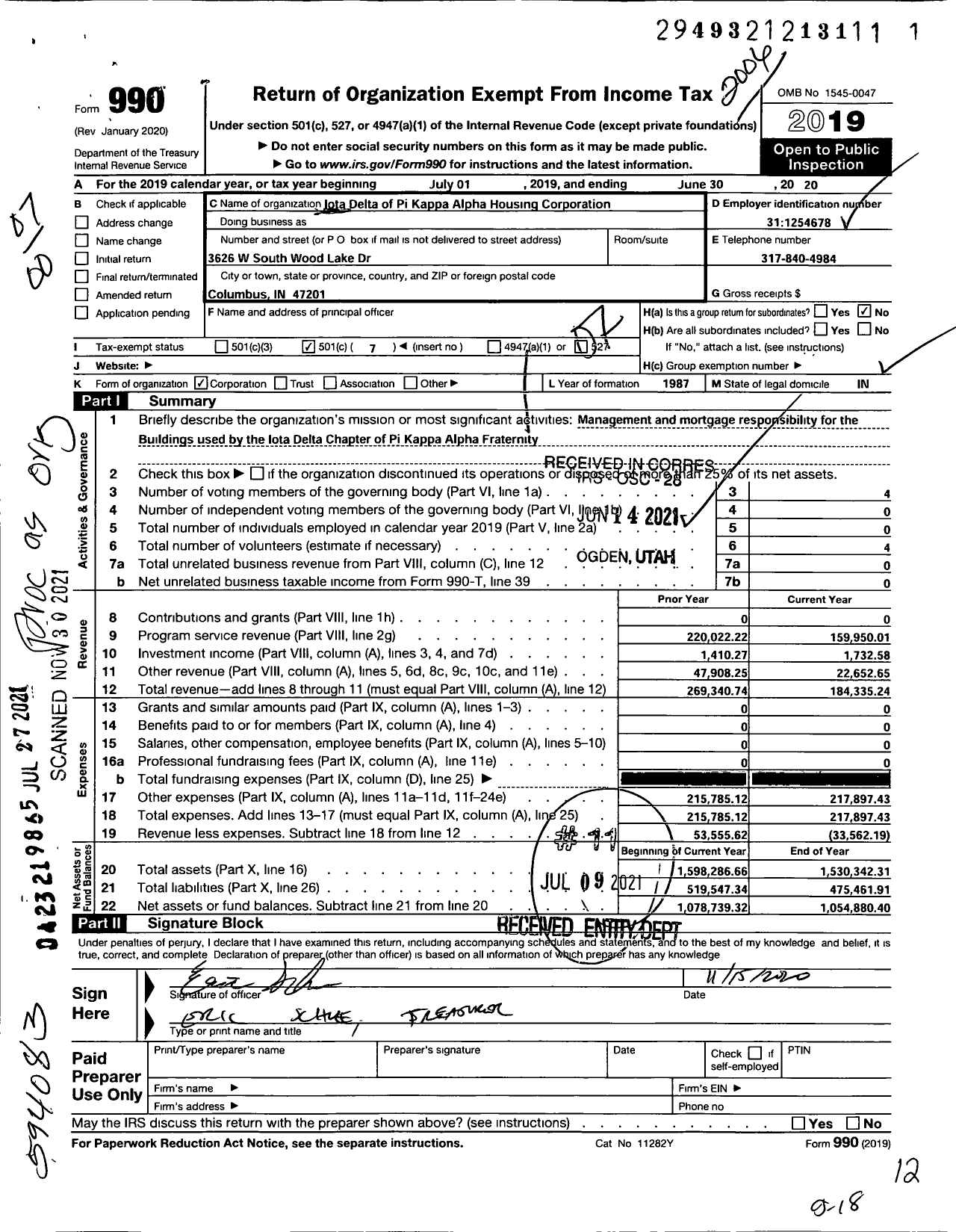 Image of first page of 2019 Form 990O for Iota Delta of Pi Kappa Alpha Housing Corporation