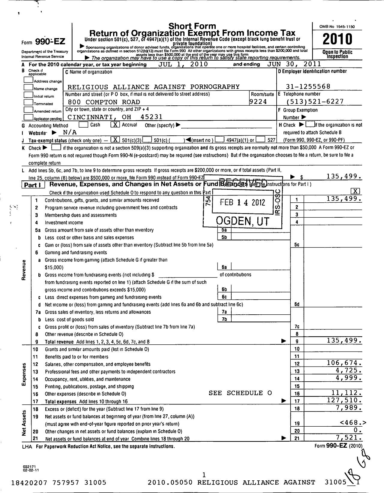 Image of first page of 2010 Form 990EZ for Religious Alliance Against Pornography