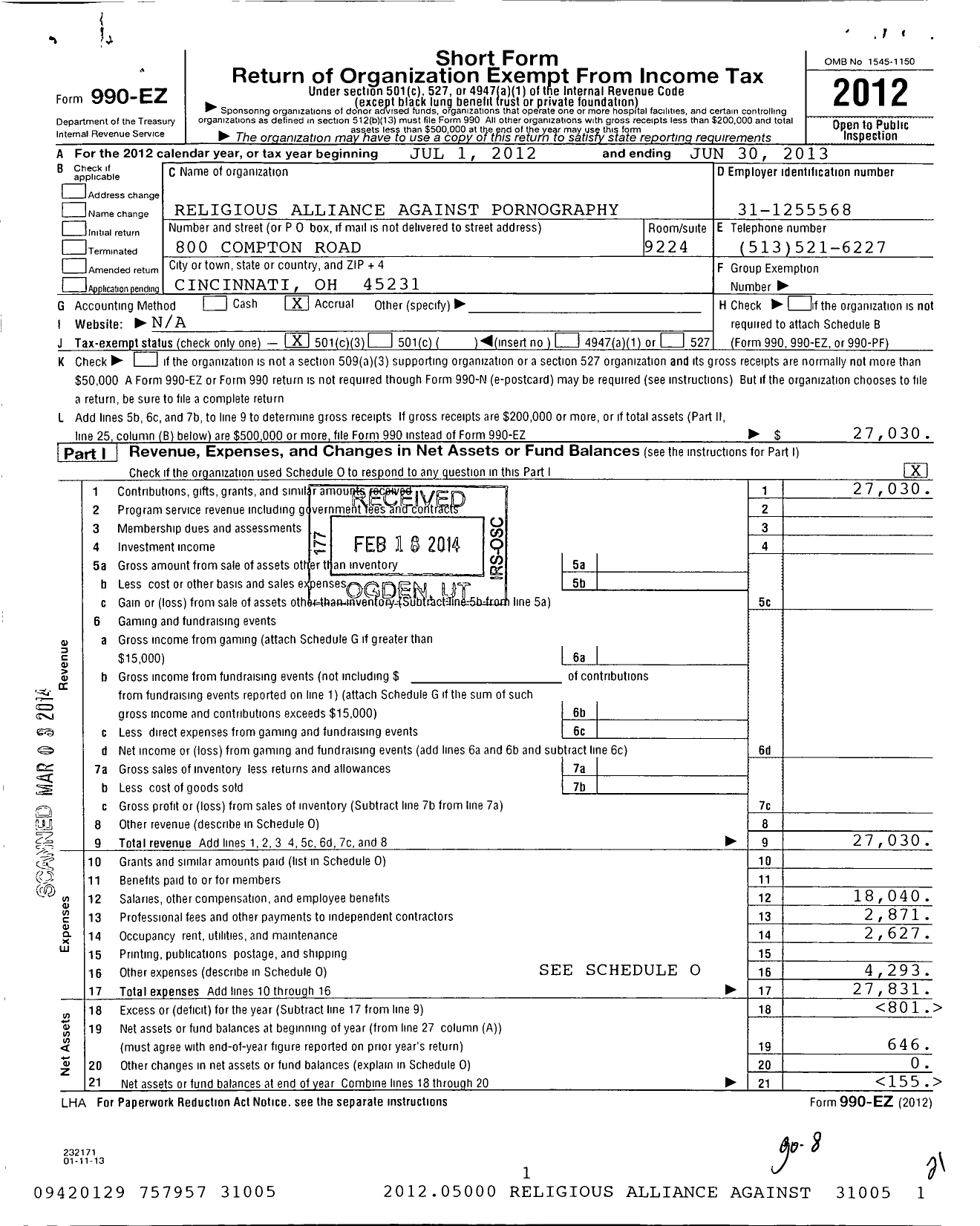 Image of first page of 2012 Form 990EZ for Religious Alliance Against Pornography