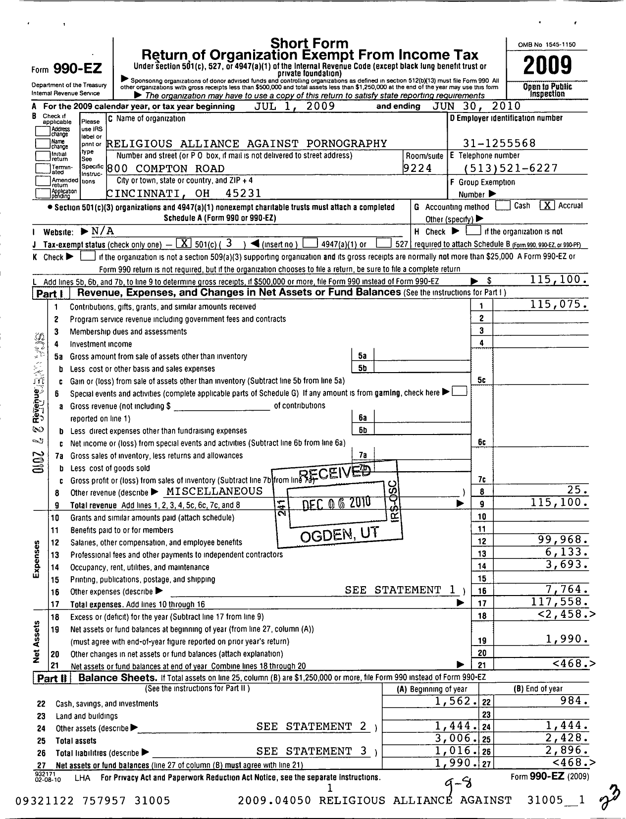 Image of first page of 2009 Form 990EZ for Religious Alliance Against Pornography