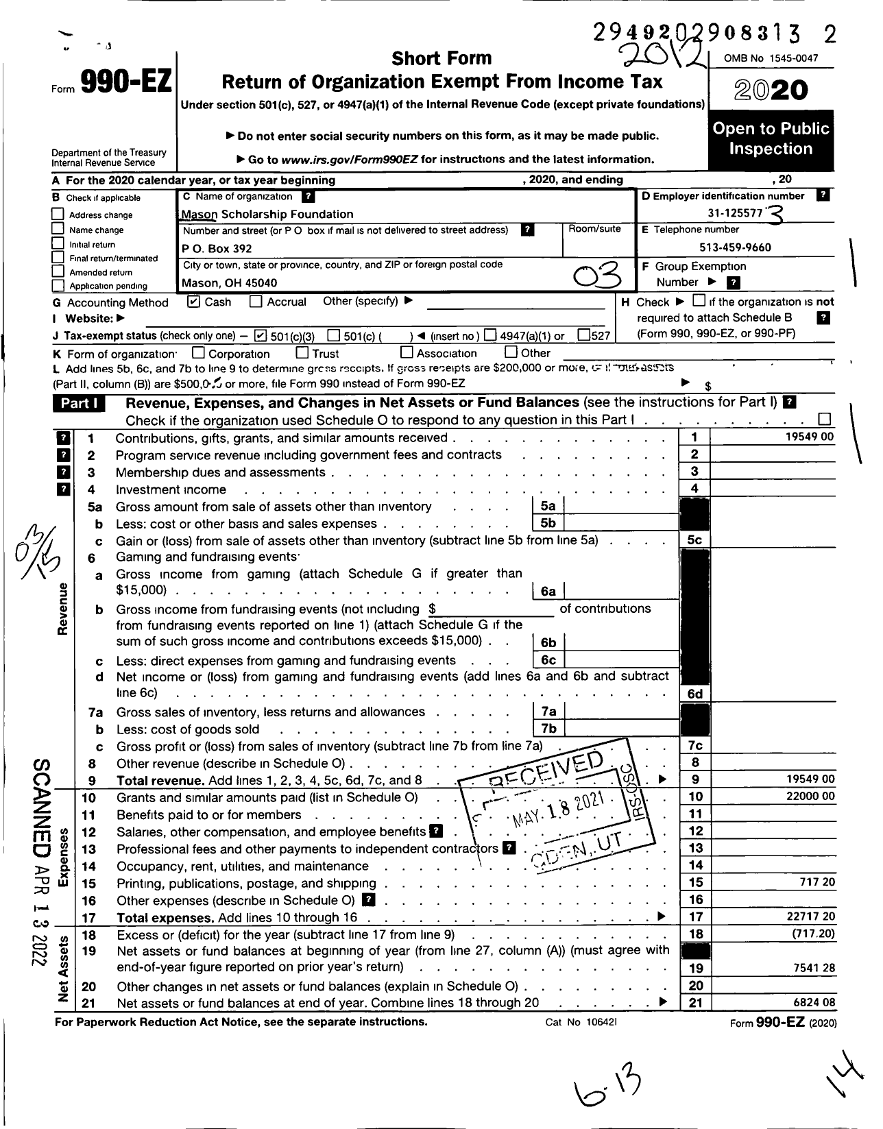 Image of first page of 2020 Form 990EZ for Mason Scholarship Foundation