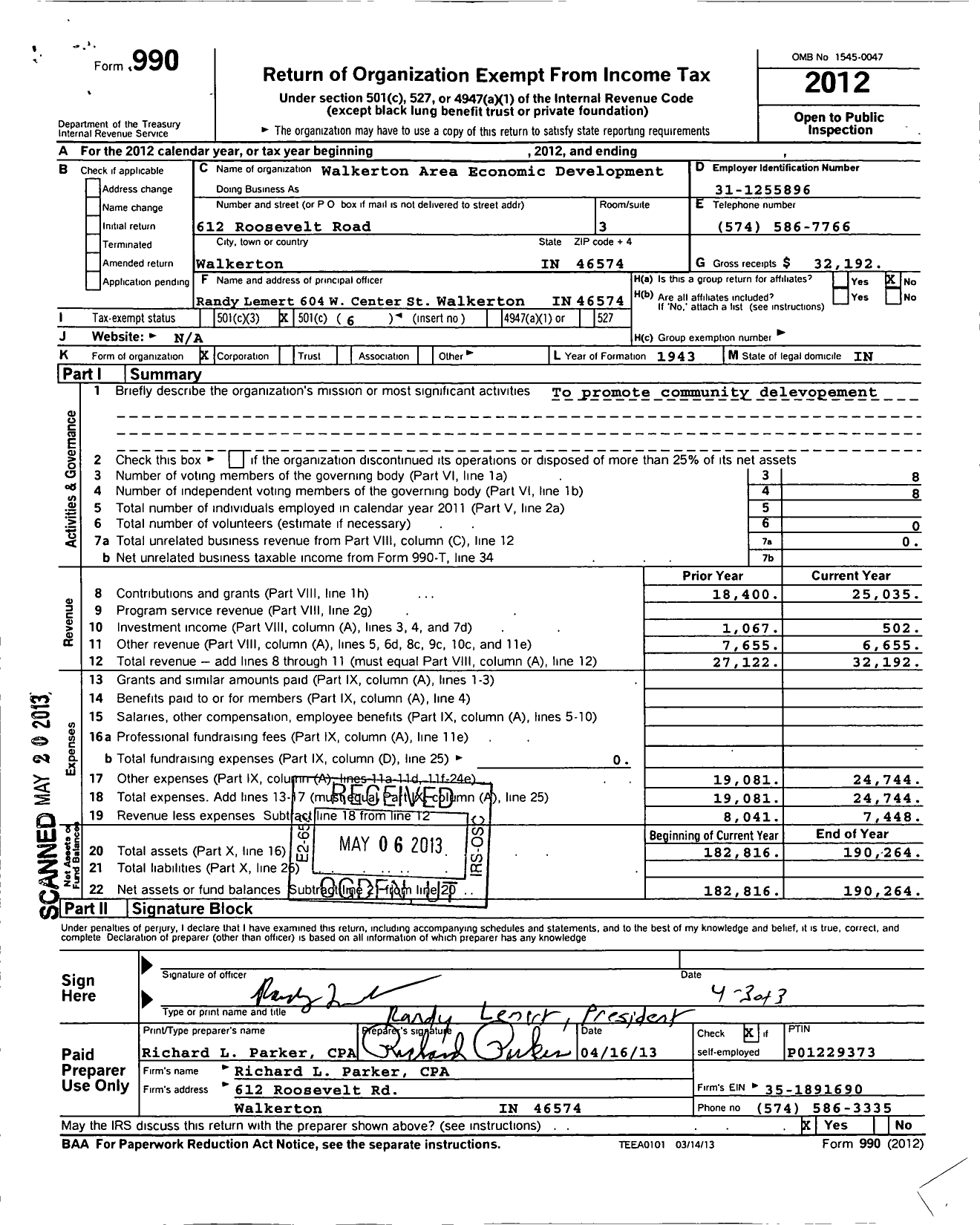 Image of first page of 2012 Form 990O for Walkerton Area Economic Development