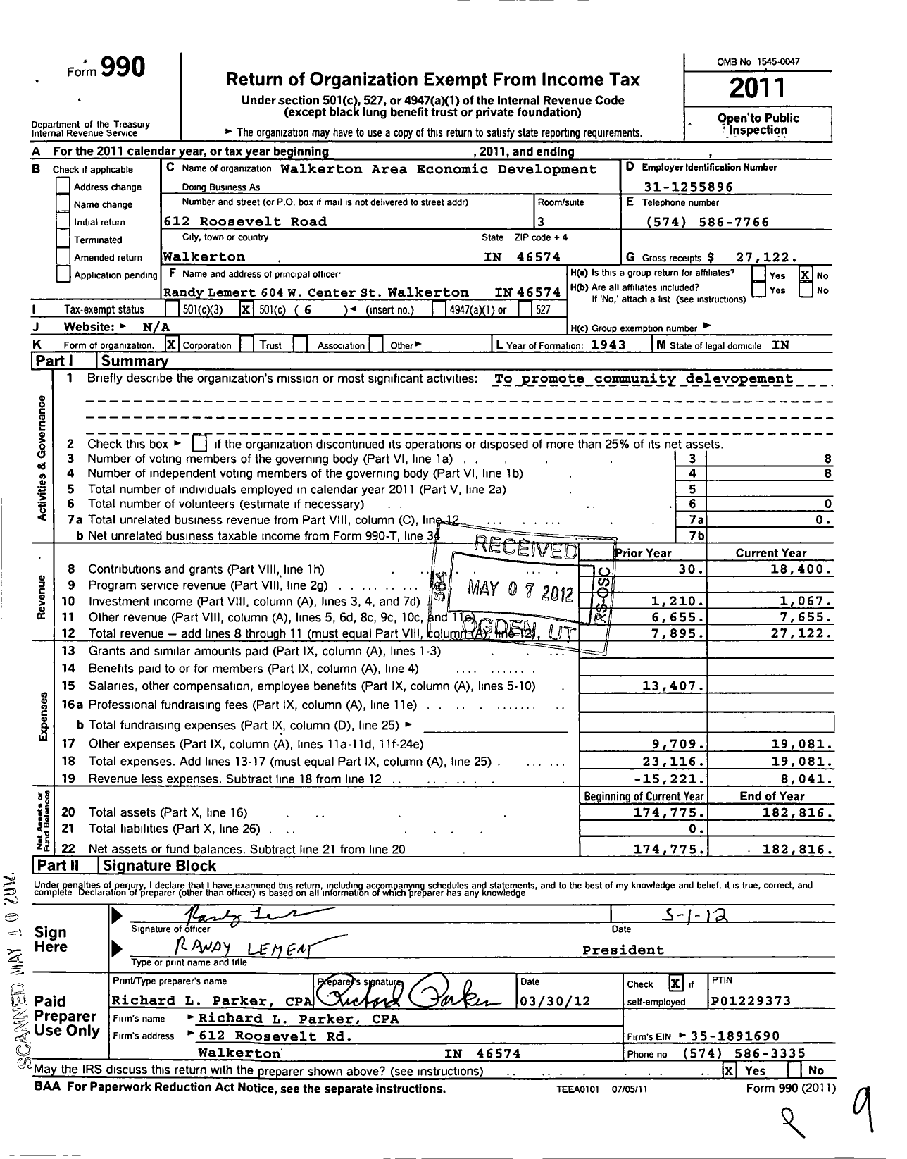 Image of first page of 2011 Form 990O for Walkerton Area Economic Development