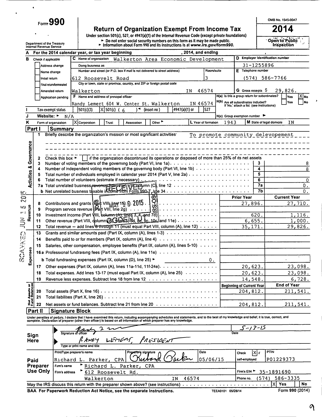 Image of first page of 2014 Form 990O for Walkerton Area Economic Development