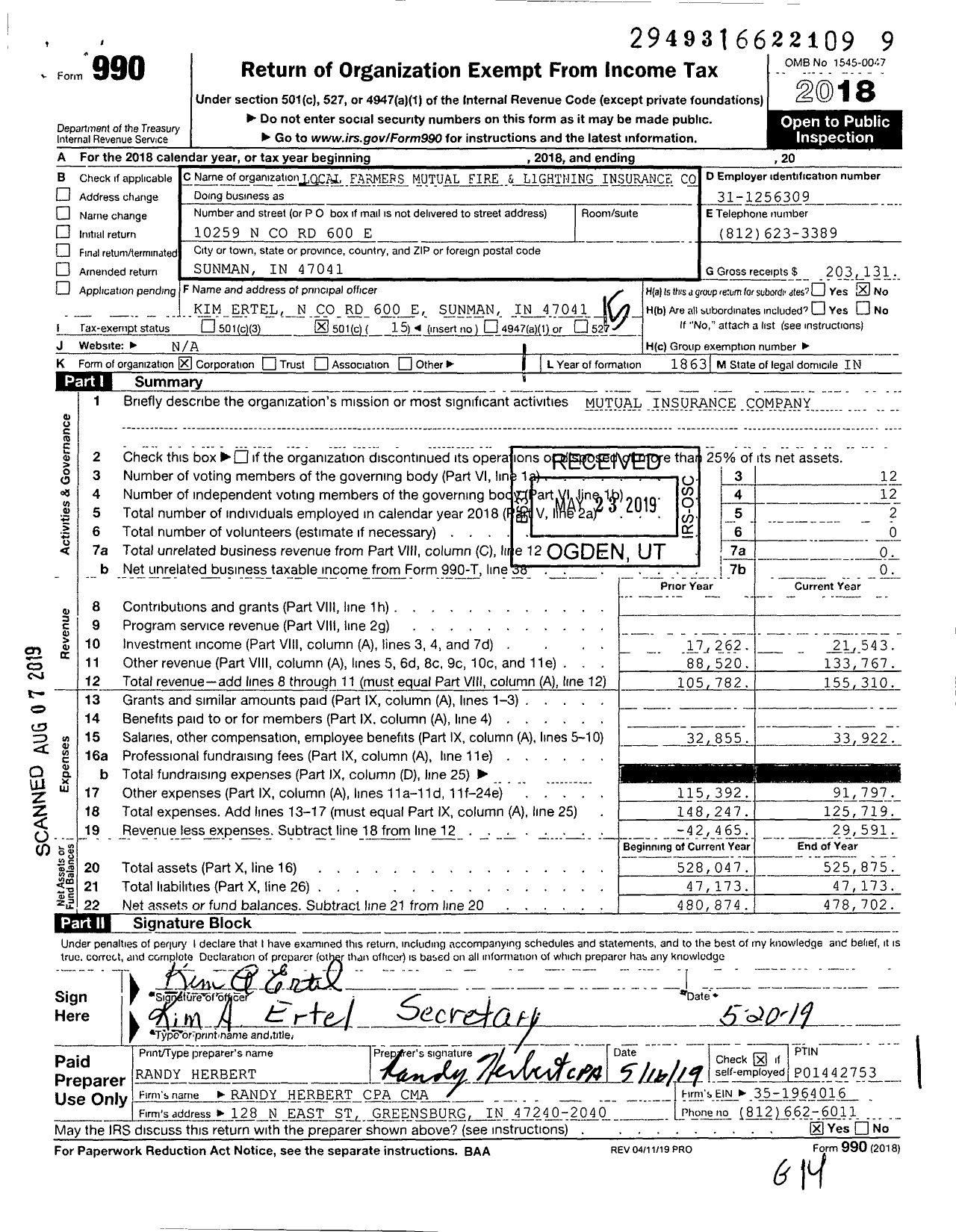 Image of first page of 2018 Form 990O for Local Farmers Mutual Fire and Lightning Insurance