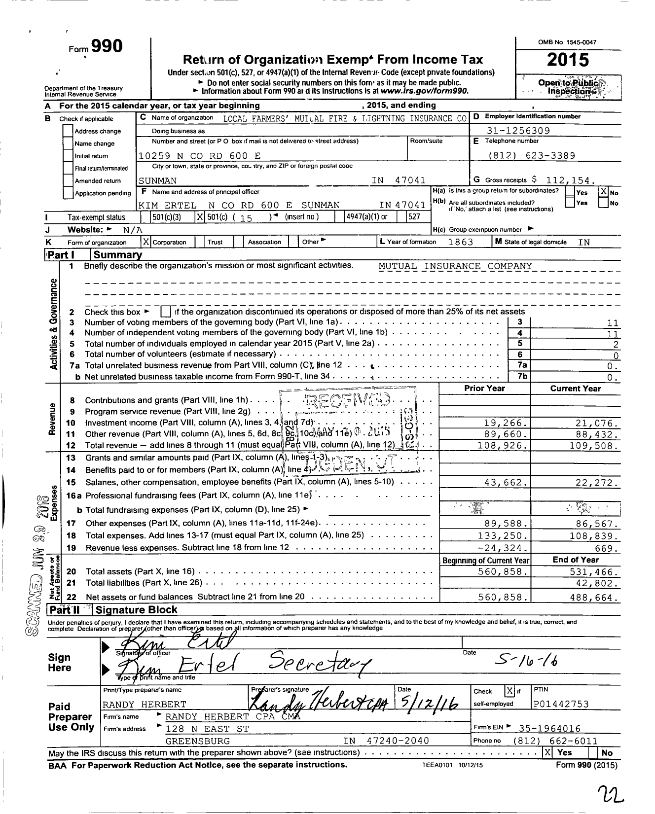 Image of first page of 2015 Form 990O for Local Farmers Mutual Fire and Lightning Insurance