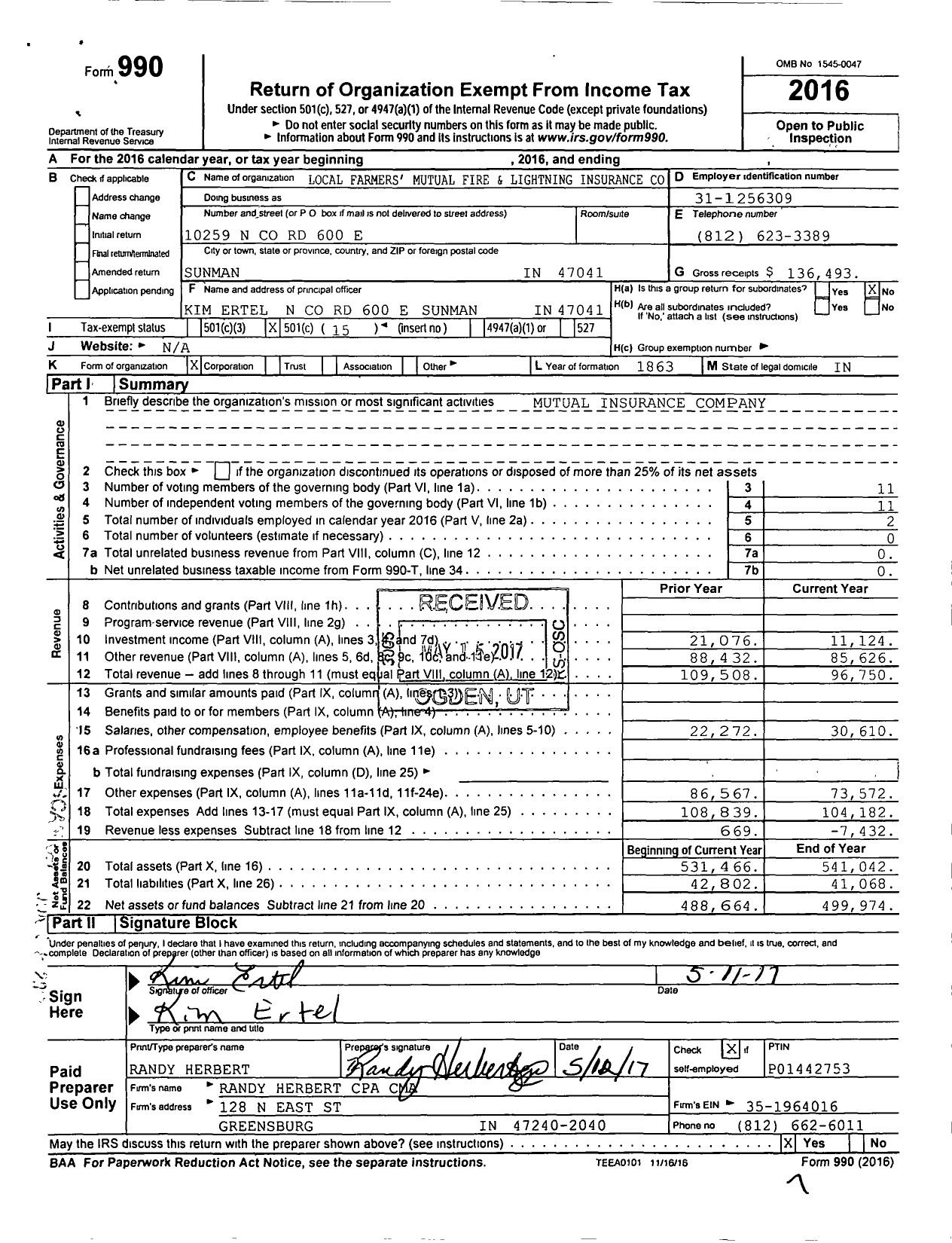 Image of first page of 2016 Form 990O for Local Farmers Mutual Fire and Lightning Insurance