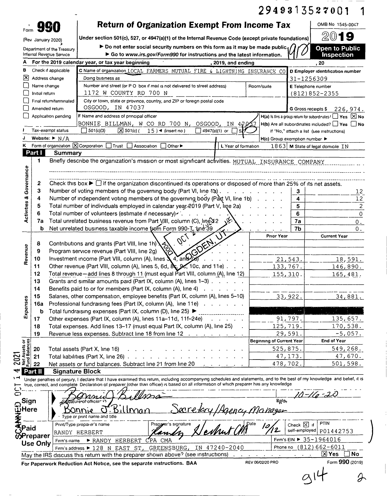 Image of first page of 2019 Form 990O for Local Farmers Mutual Fire and Lightning Insurance