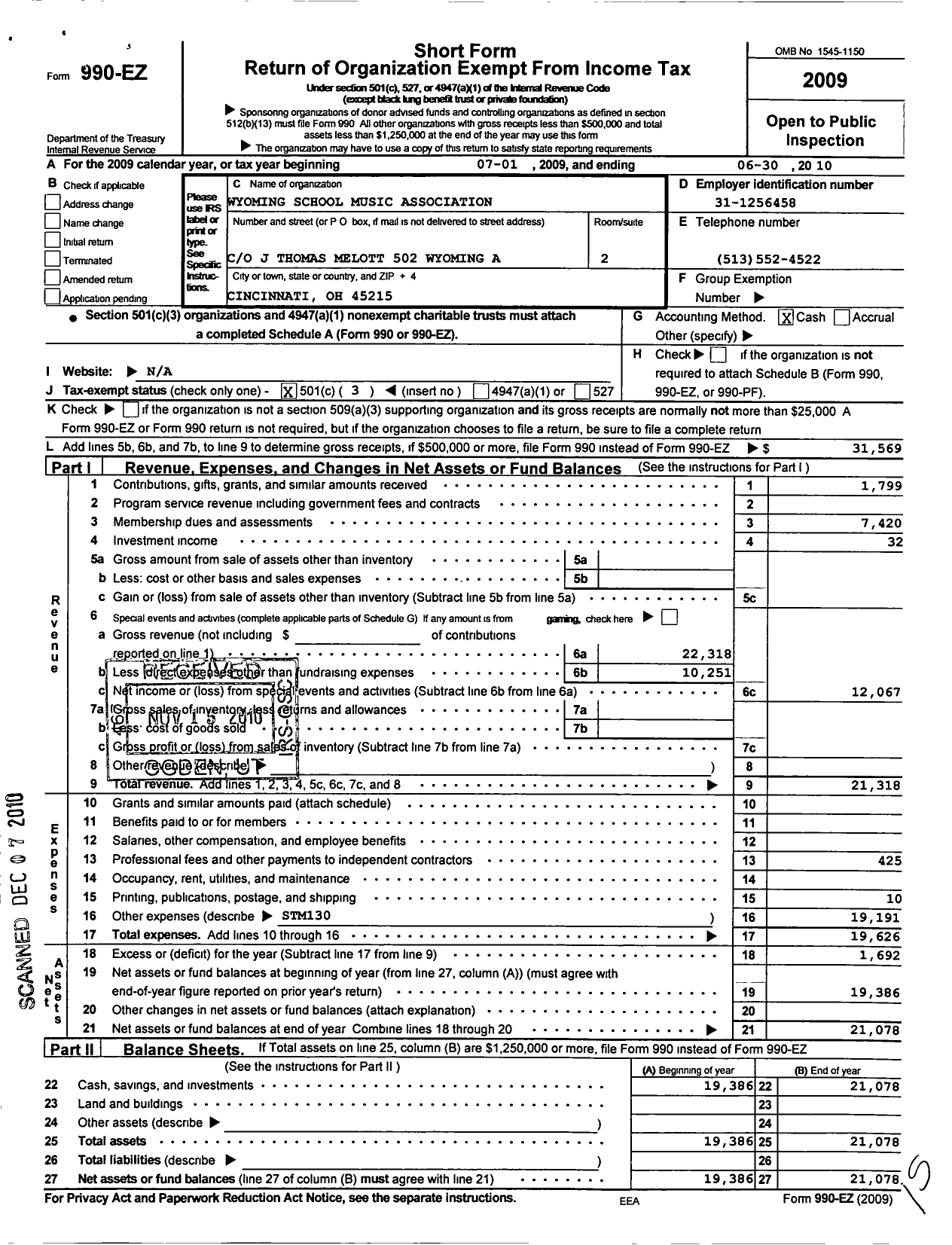 Image of first page of 2009 Form 990EZ for Wyoming School Music Association