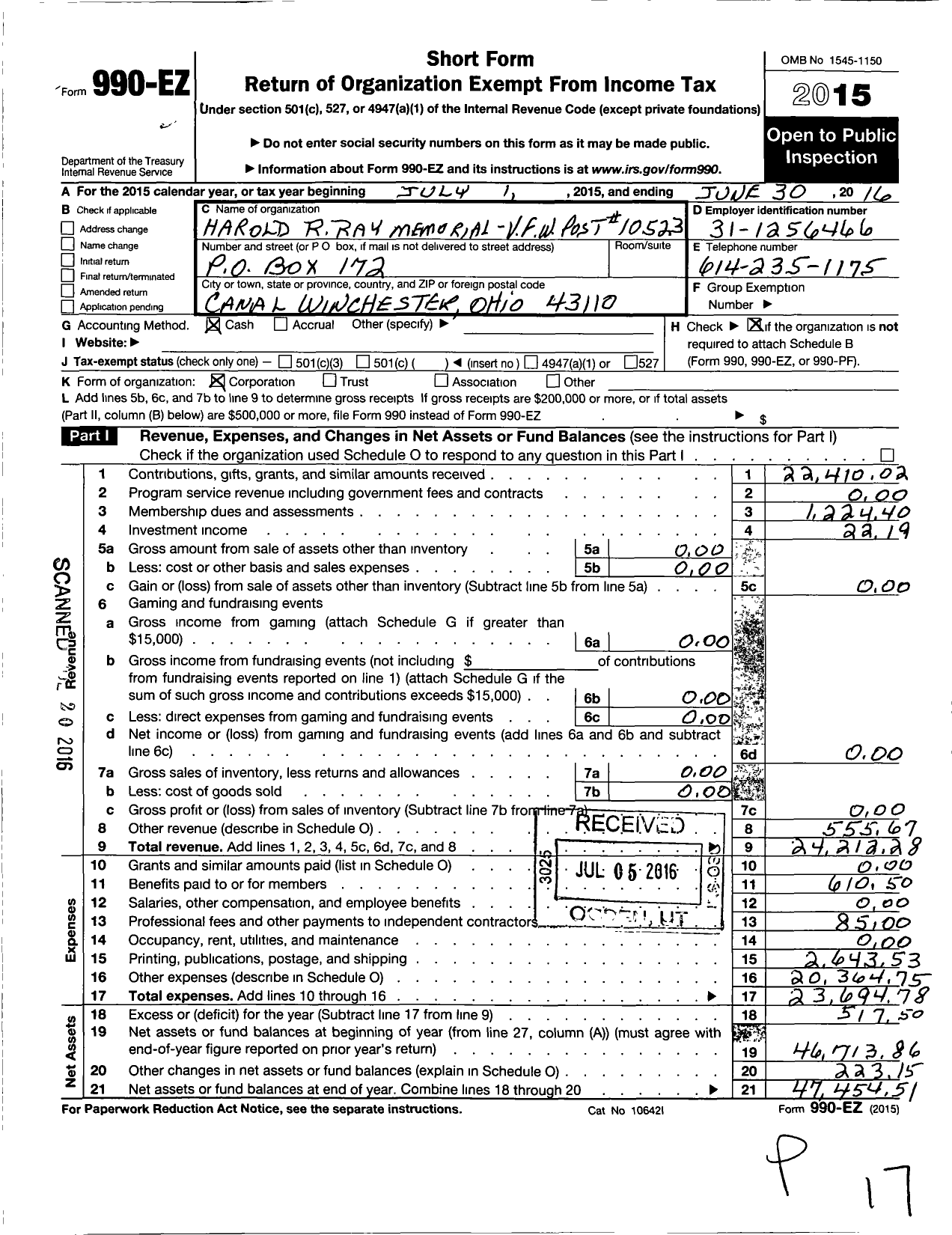 Image of first page of 2015 Form 990EO for Ohio VFW - 10523 Post Harold R Ray Memrl VFW