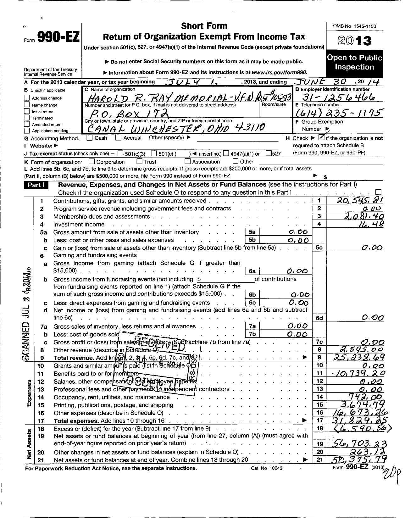 Image of first page of 2013 Form 990EO for Ohio VFW - 10523 Post Harold R Ray Memrl VFW