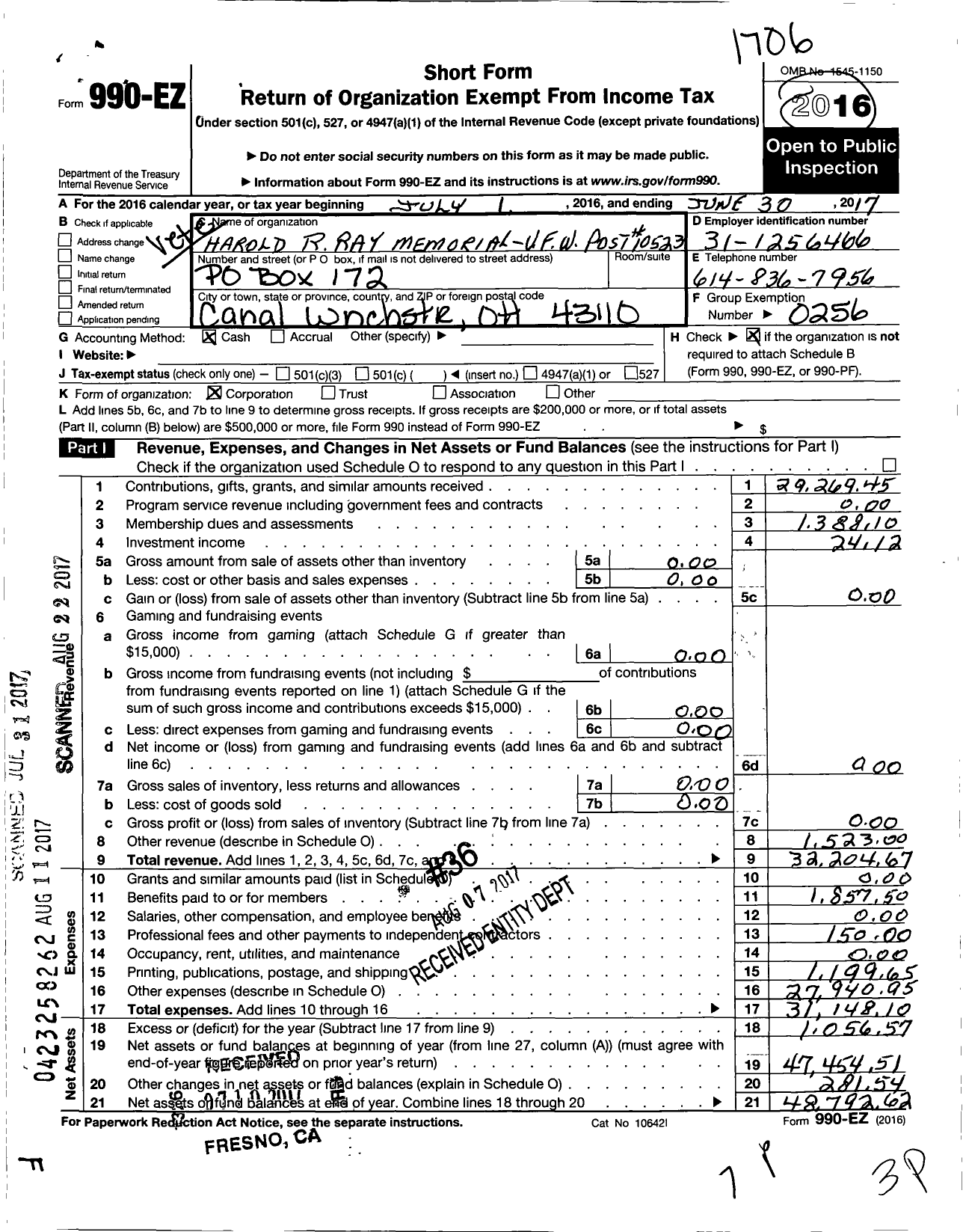 Image of first page of 2016 Form 990EO for Ohio VFW - 10523 Post Harold R Ray Memrl VFW